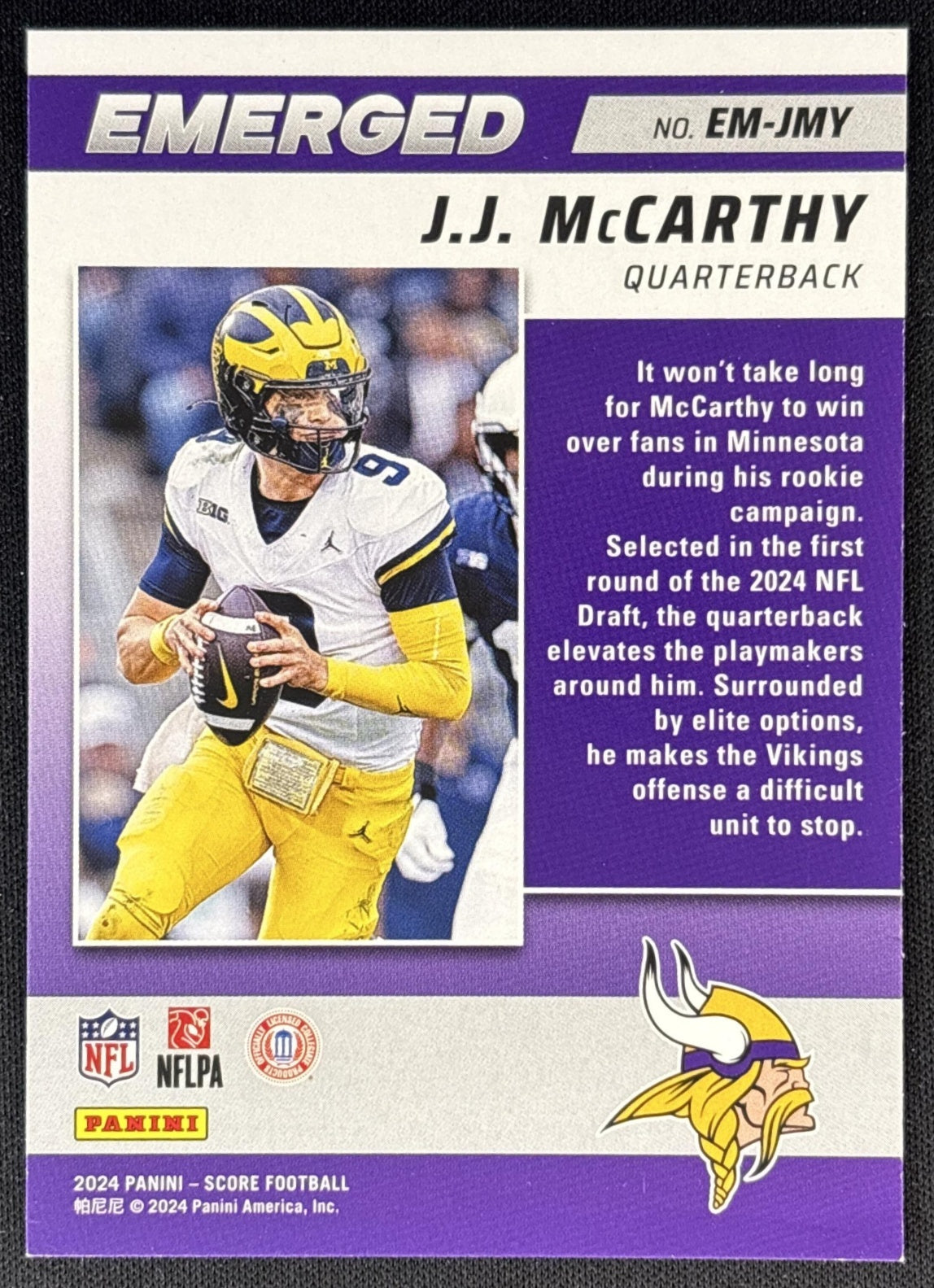 J.J. McCarthy 2024 Panini Score Emerged Vikings back