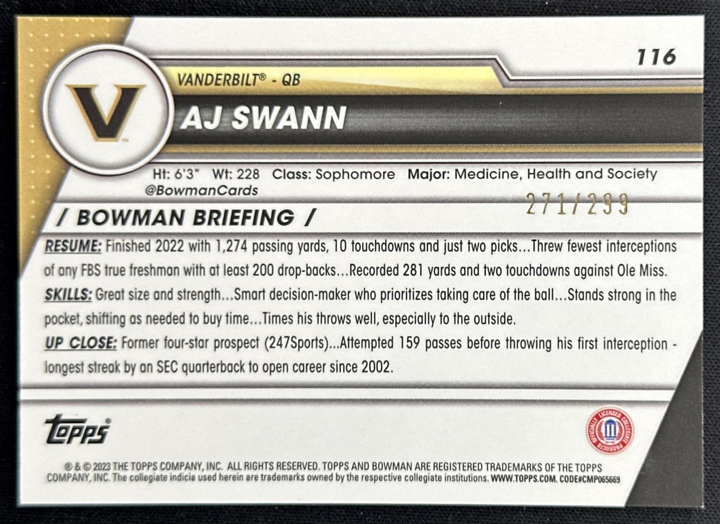 AJ Swann 2023 Bowman University Chrome Aqua Refractor /299 Commodores back