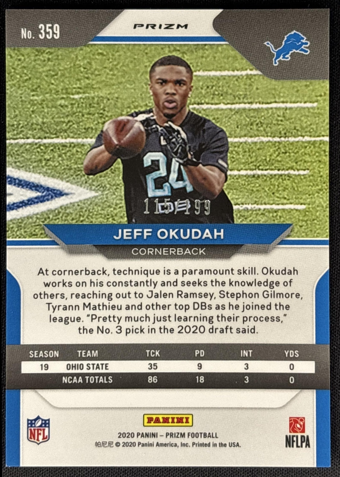 Jeff Okudah 2020 Panini Prizm Blue Wave /199 Lions Sports Trading Cards