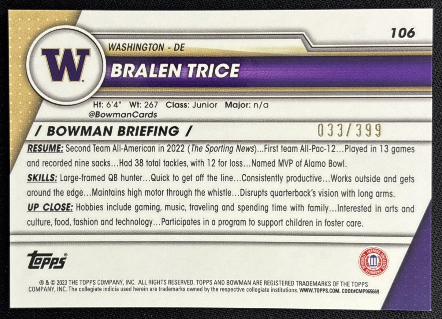 Bralen Trice 2023 University Chrome Purple Mini Diamond Refractor /399 Huskies back