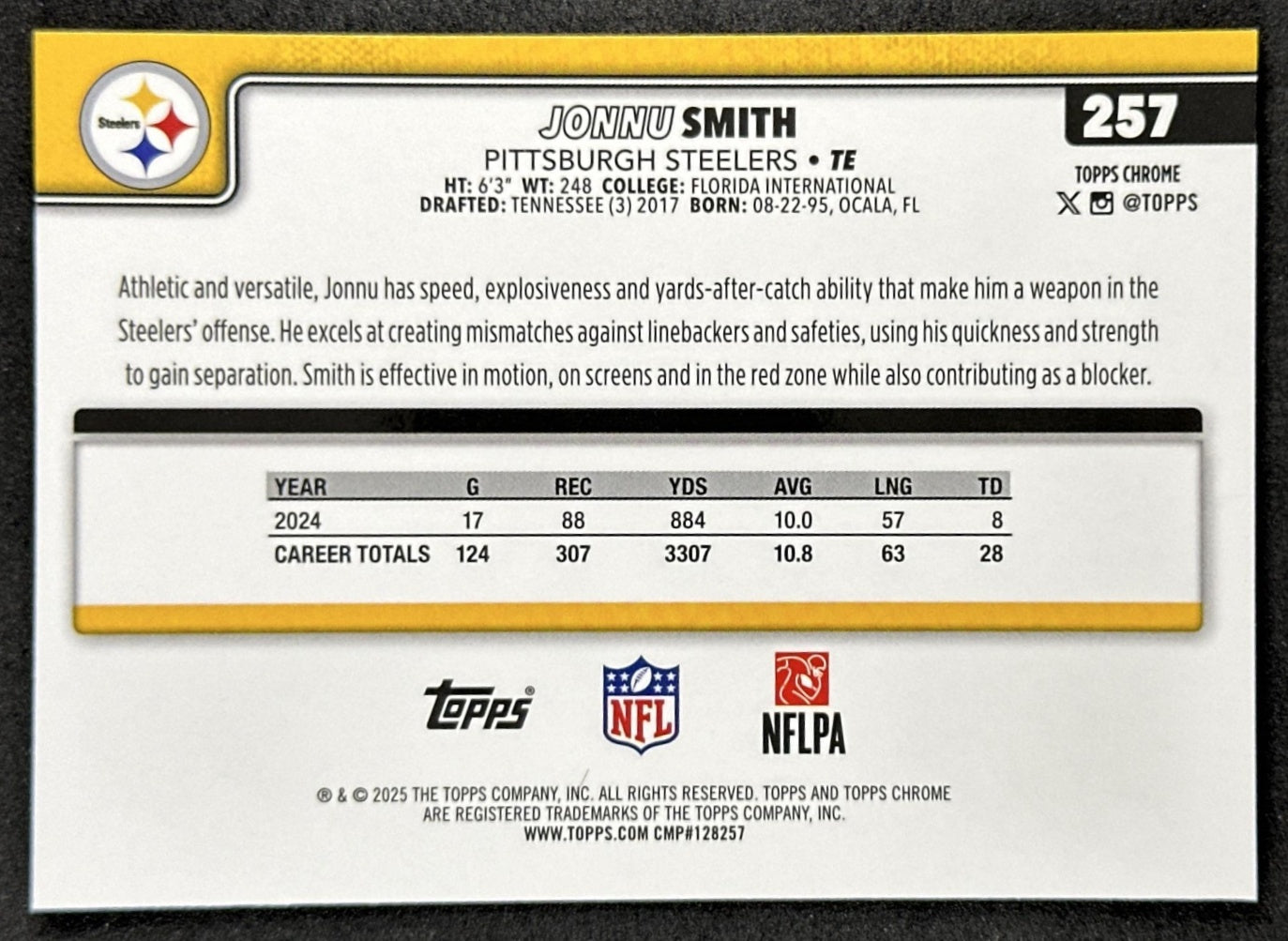 Jonnu Smith 2025 Topps Chrome Sapphire Steelers back