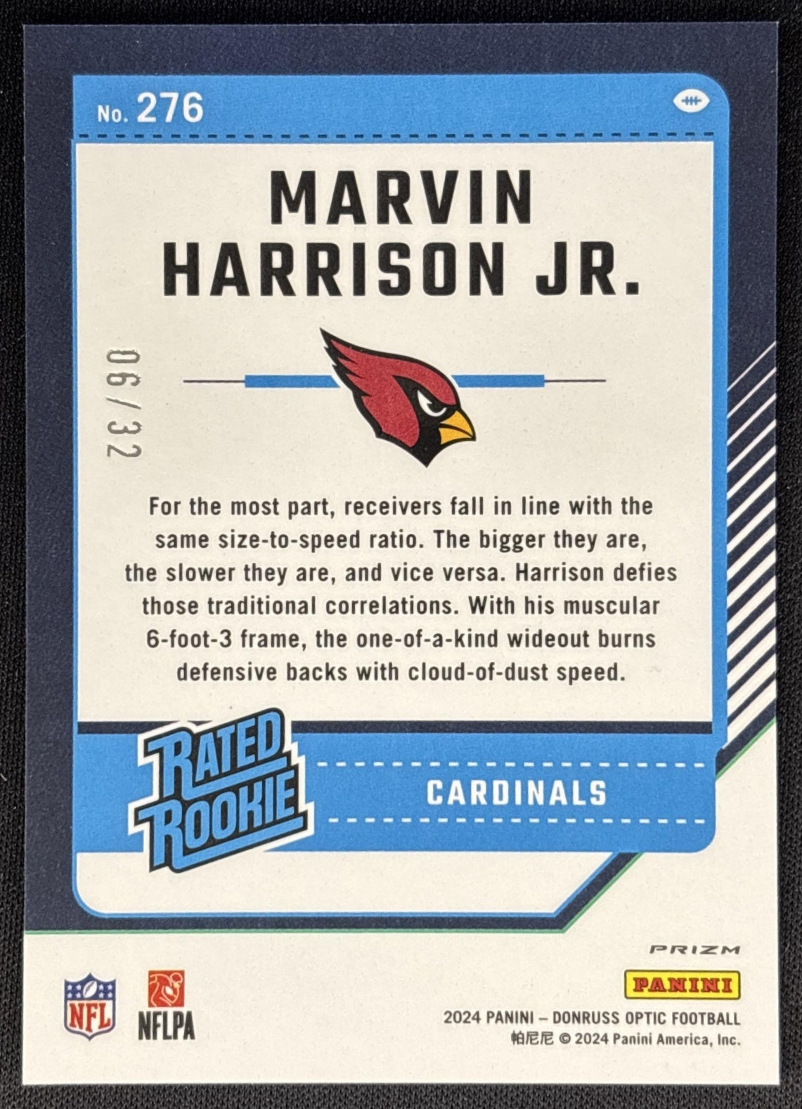 Marvin Harrison Jr. 2024 Panini Donruss Optic Team Logo /32 Cardinals Sports Trading Card