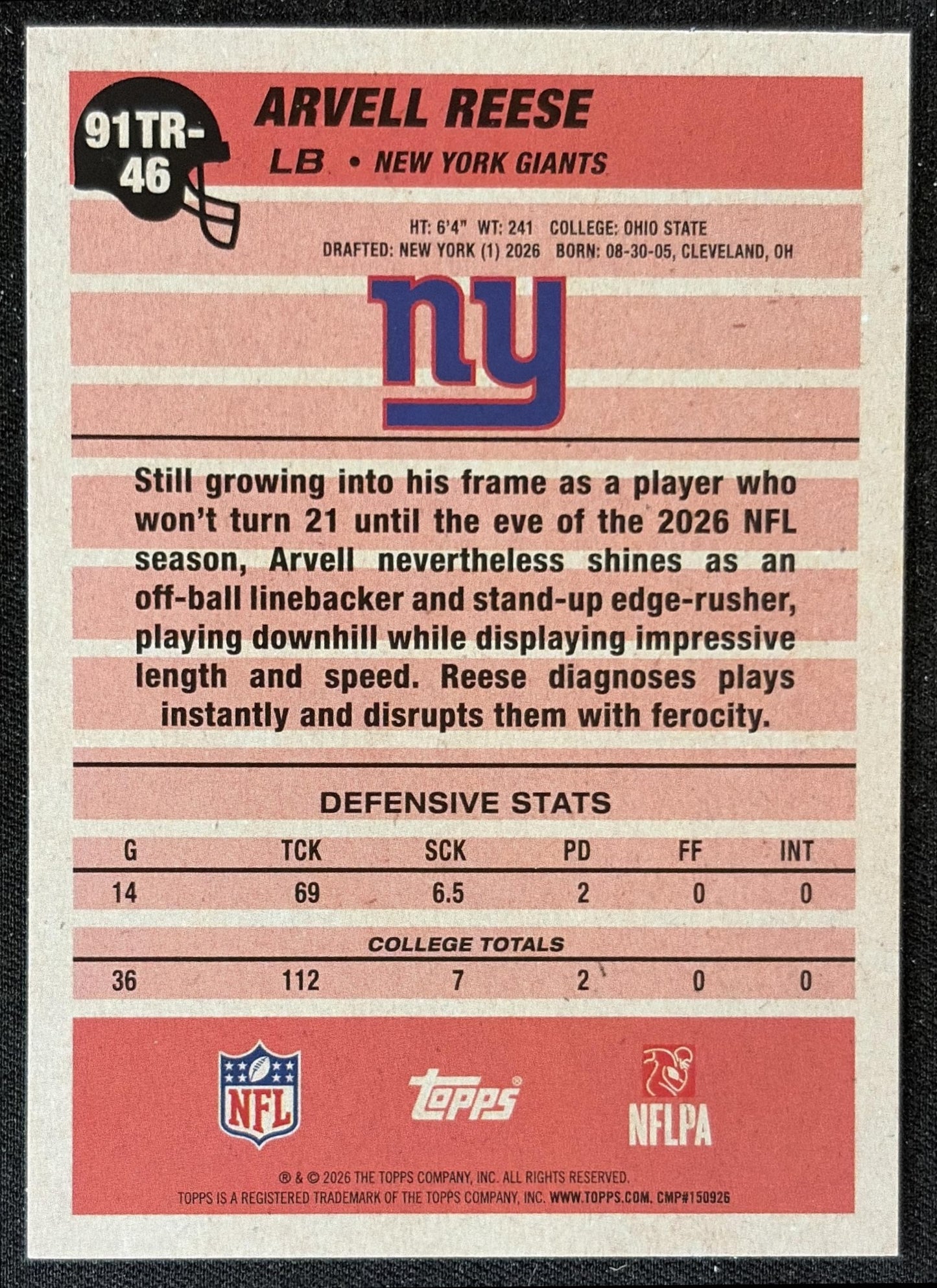 Arvell Reese 2026 Topps 1991 Rookie Giants back