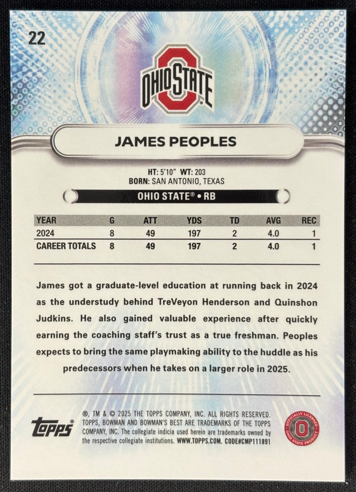 James Peoples 2025 Best University Gold Refractor /50 Buckeyes sports trading card