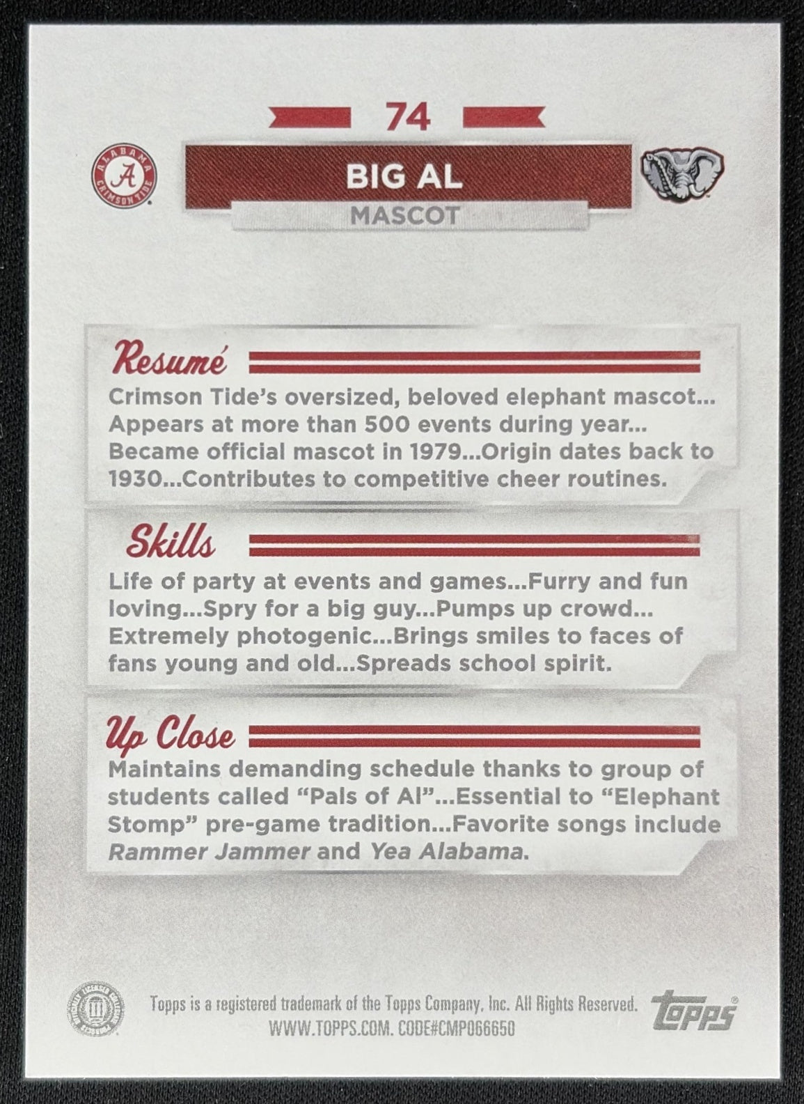 Big Al 2023 Bowman University Alabama Crimson Tide back