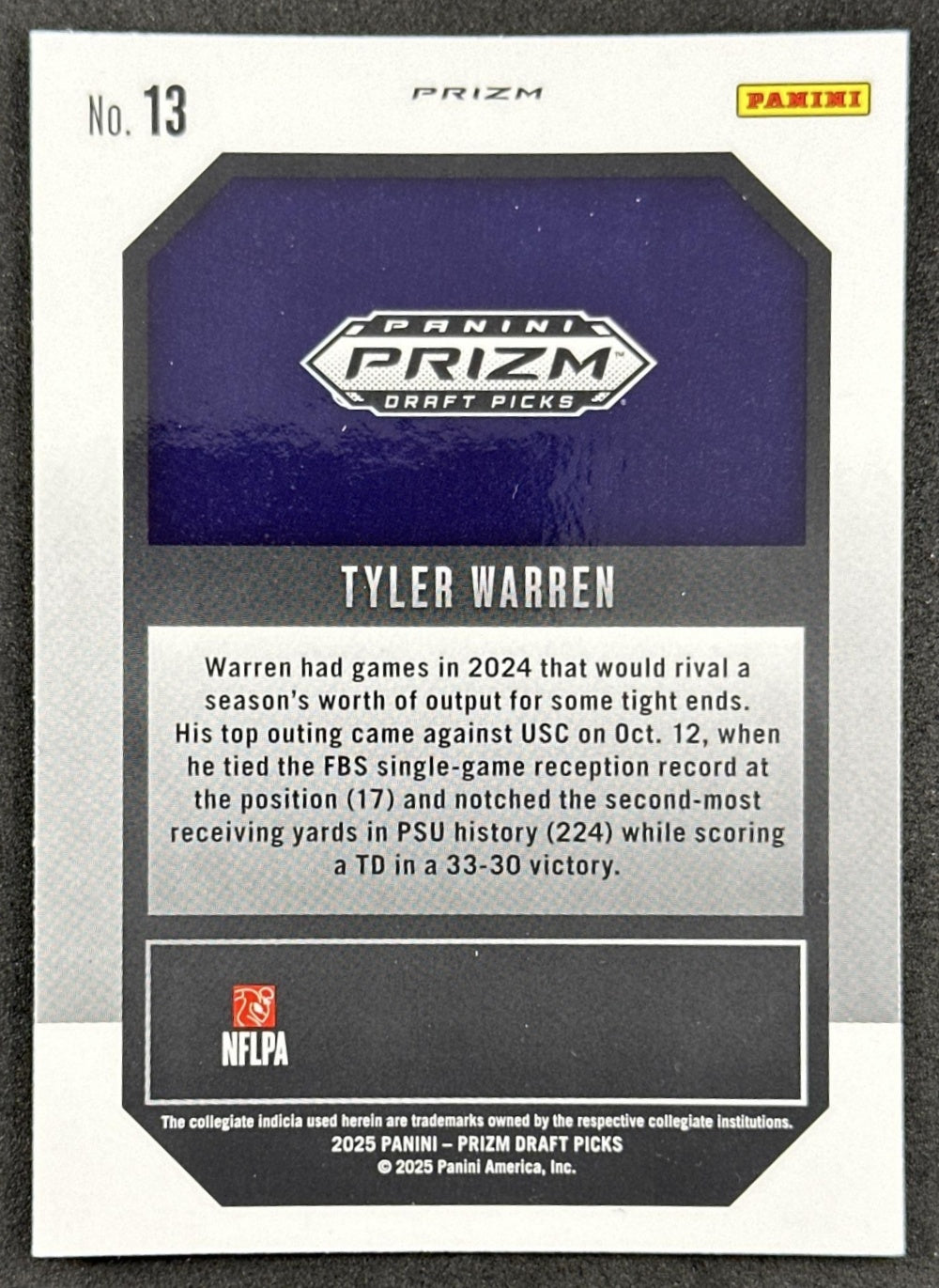 Tyler Warren 2025 Panini Prizm Draft Picks New Recruits Red Ice Nittany Lions Colts - Back