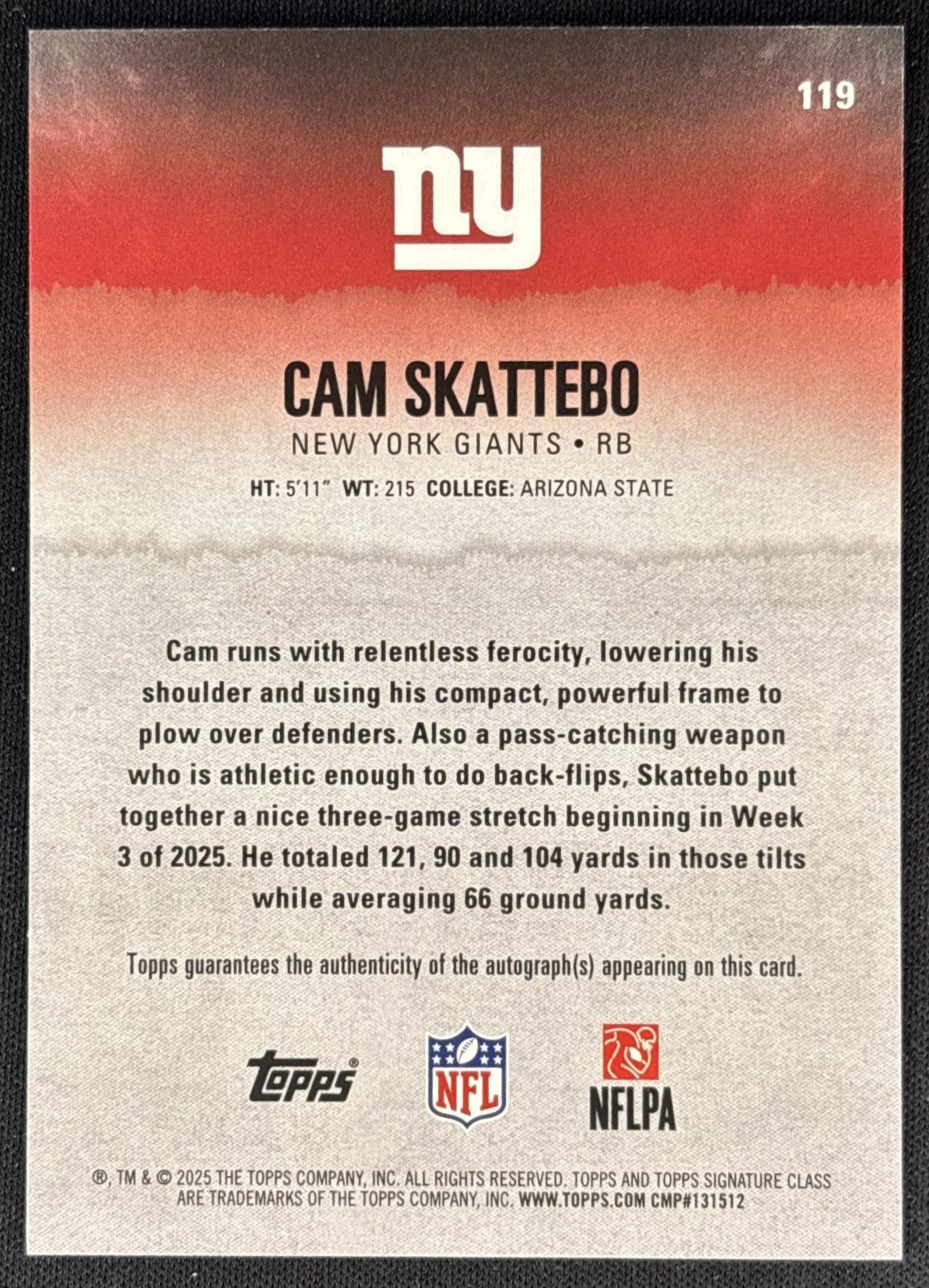 Cam Skattebo 2025 Topps Signature Class Rookie Auto Giants back