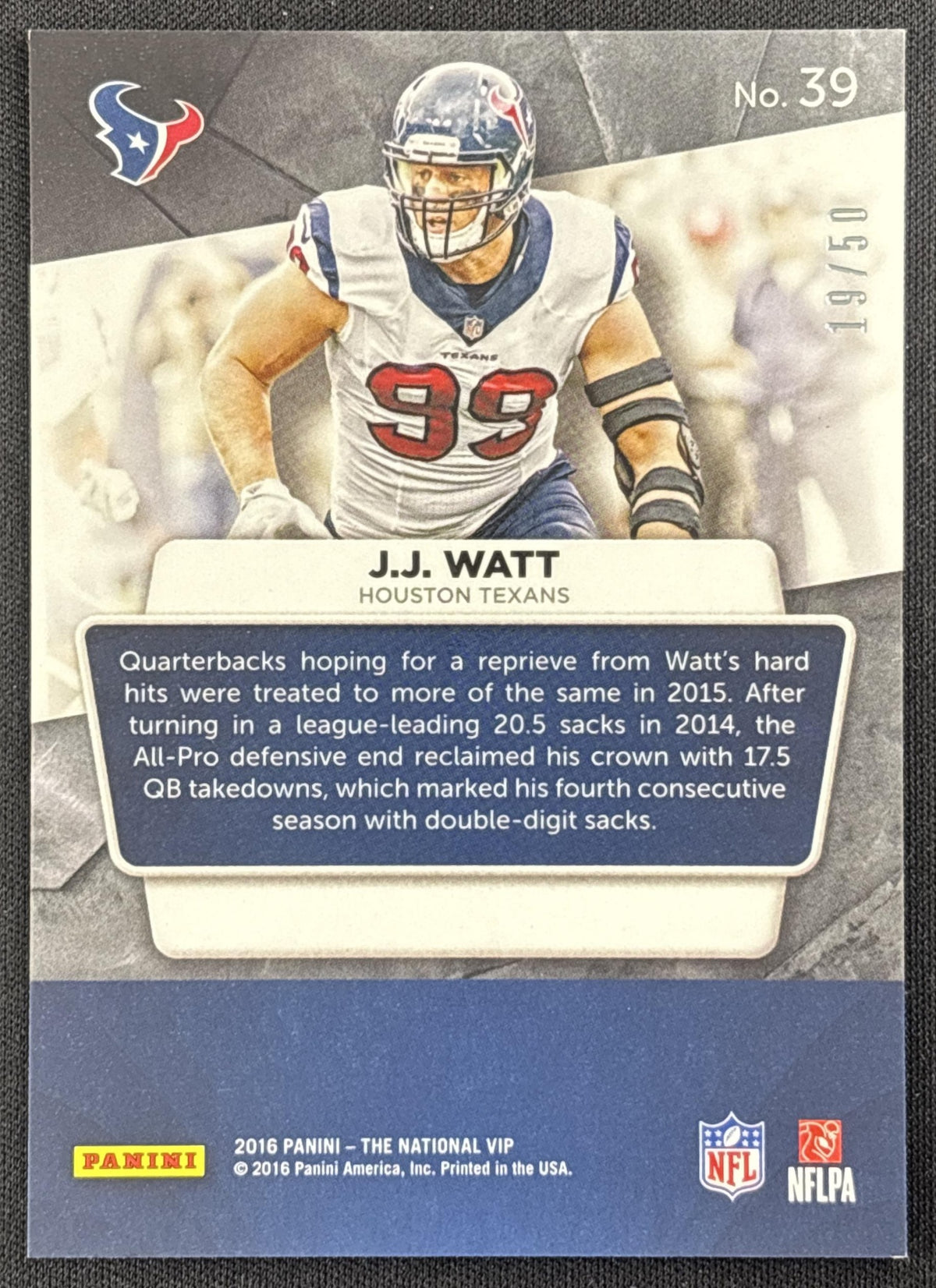 J.J. Watt 2016 Panini The National VIP Purple Pulsar /50 Texans