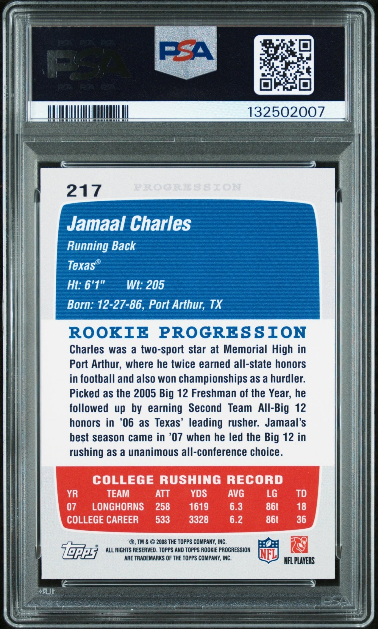 Jamaal Charles 2008 Topps Rookie Progression PSA 10 Longhorns back
