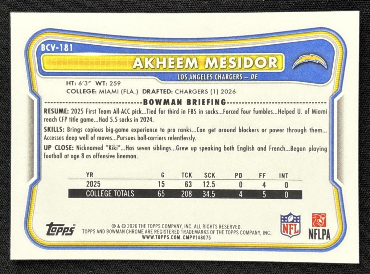 Akheem Mesidor 2026 Bowman Chrome NFL Mojo Refractor Chargers back