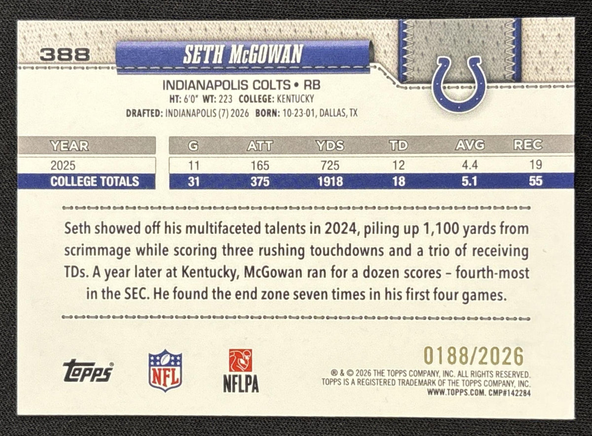 Seth McGowan 2026 Topps Gold /2026 Colts