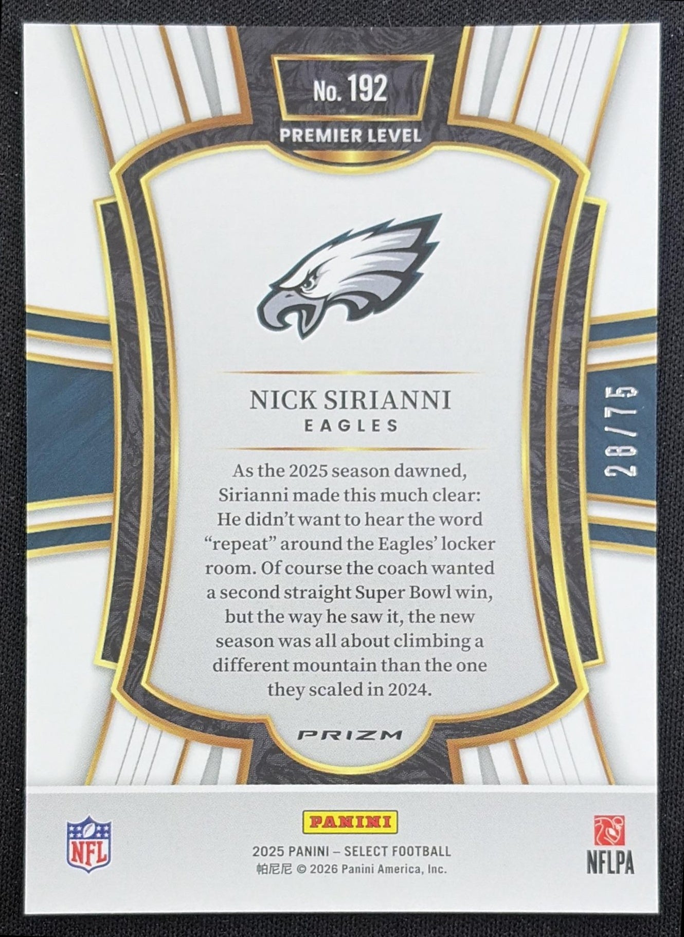 Nick Sirianni 2025 Panini Select Premier Level Purple Prizm /75 Eagles Philadelphia Eagles back