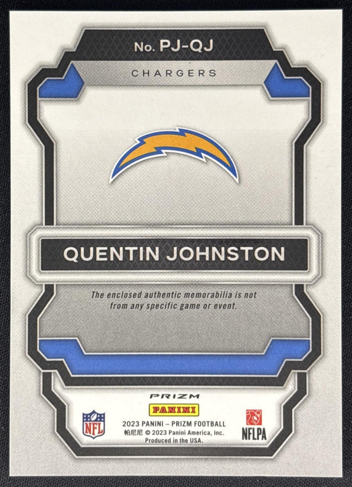 Quentin Johnston 2023 Panini Prizm Premier Jerseys Neon Green Pulsar Chargers back