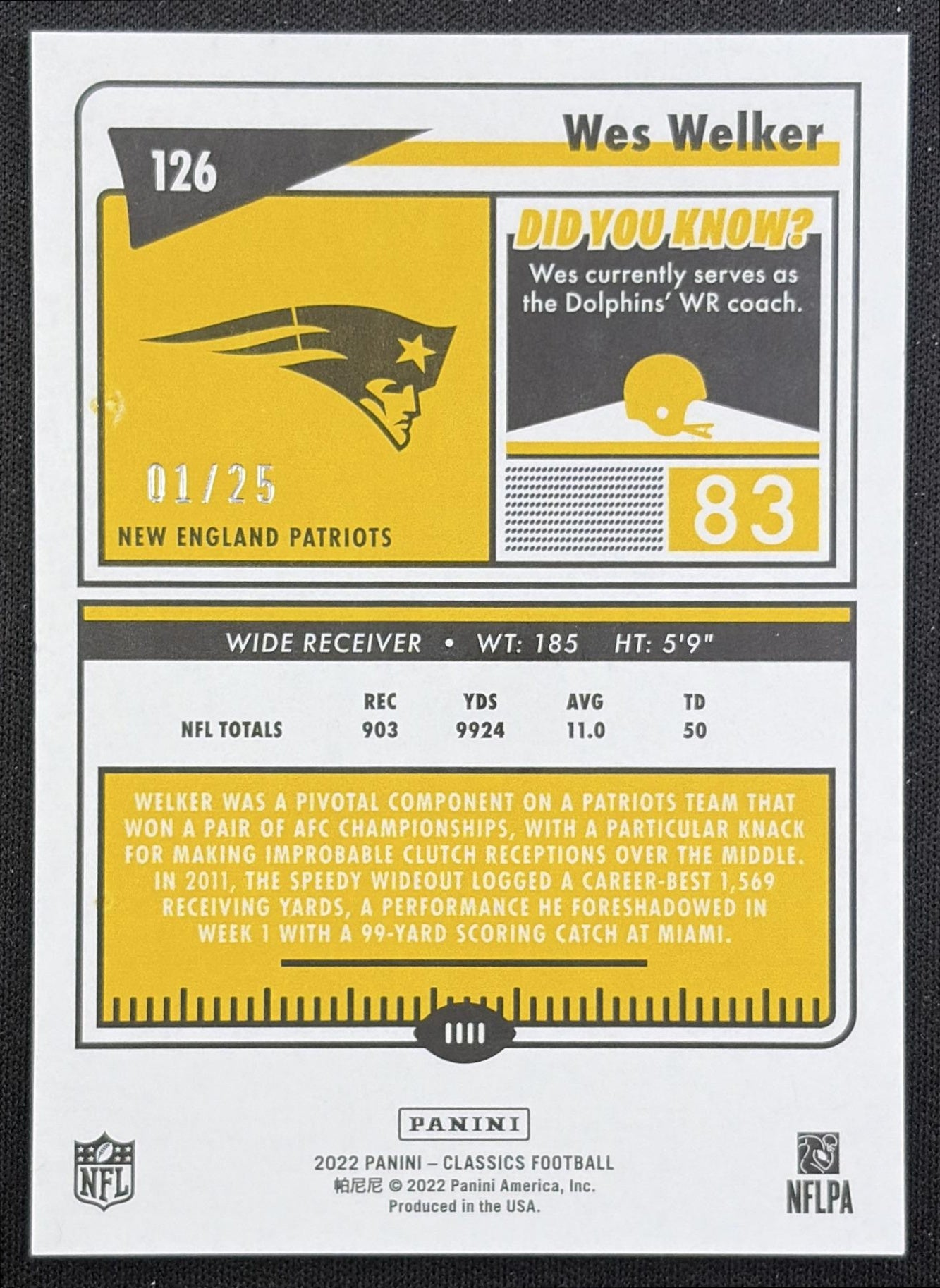 Wes Welker 2022 Panini Classics Premium Edition Timeless Tributes Green /20 Patriots New England Patriots back