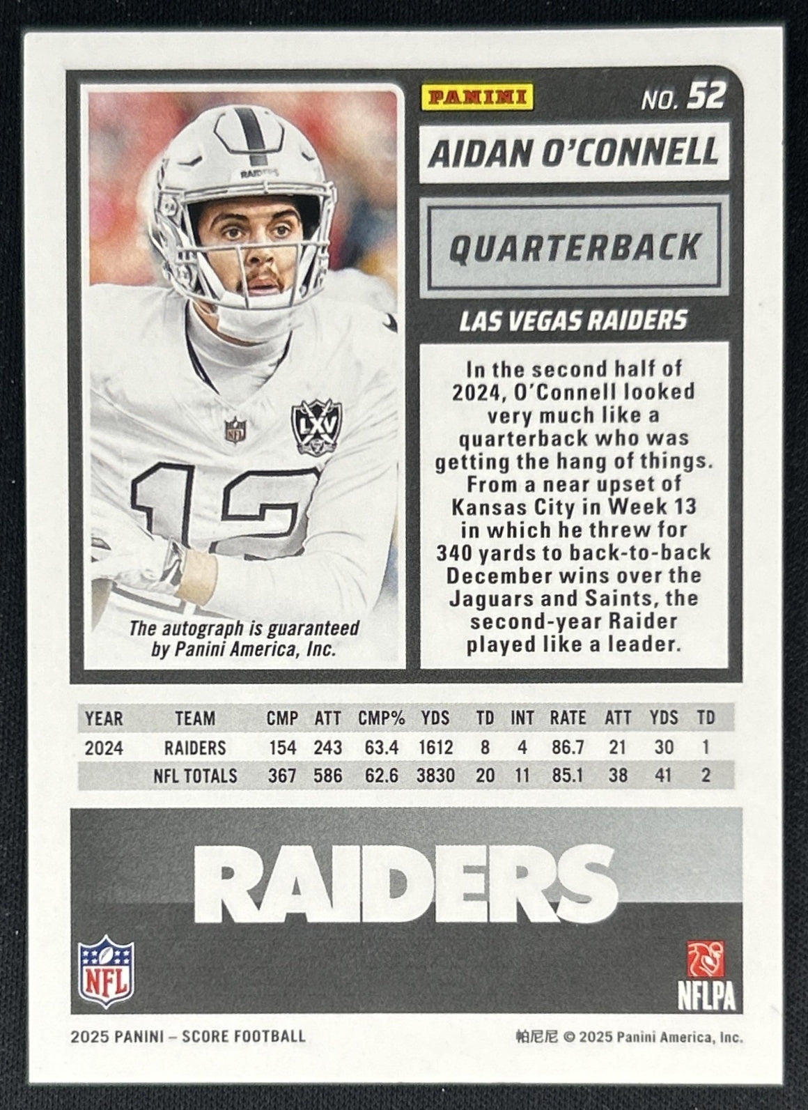 Aidan O'Connell 2025 Panini Score Signatures Green Raiders Back