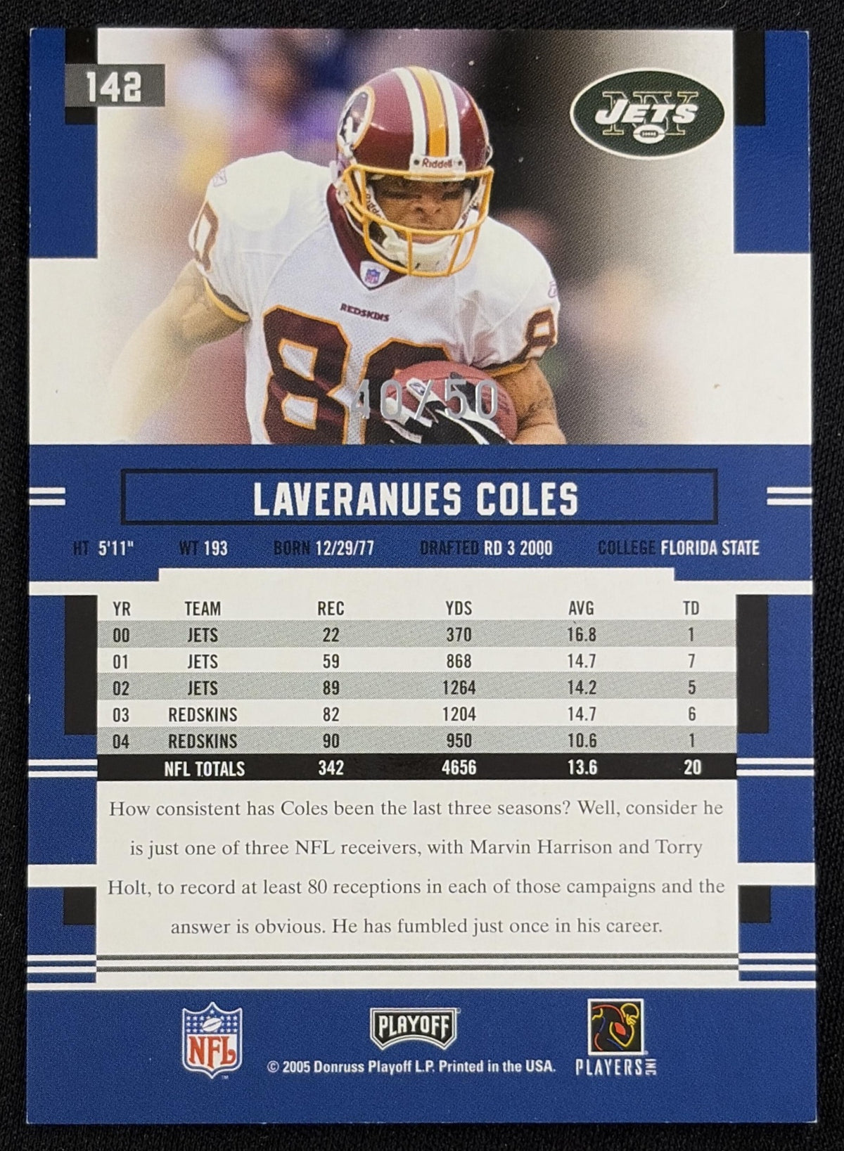 Laveranues Coles 2005 Playoff Prestige Xtra Points Green /50 Jets New York Jets Sports Trading Card