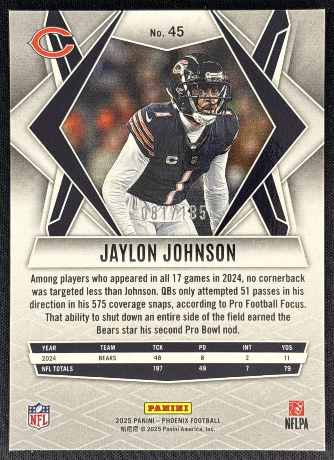Jaylon Johnson 2025 Panini Phoenix Yellow Pyramids Prizm /185 Bears back