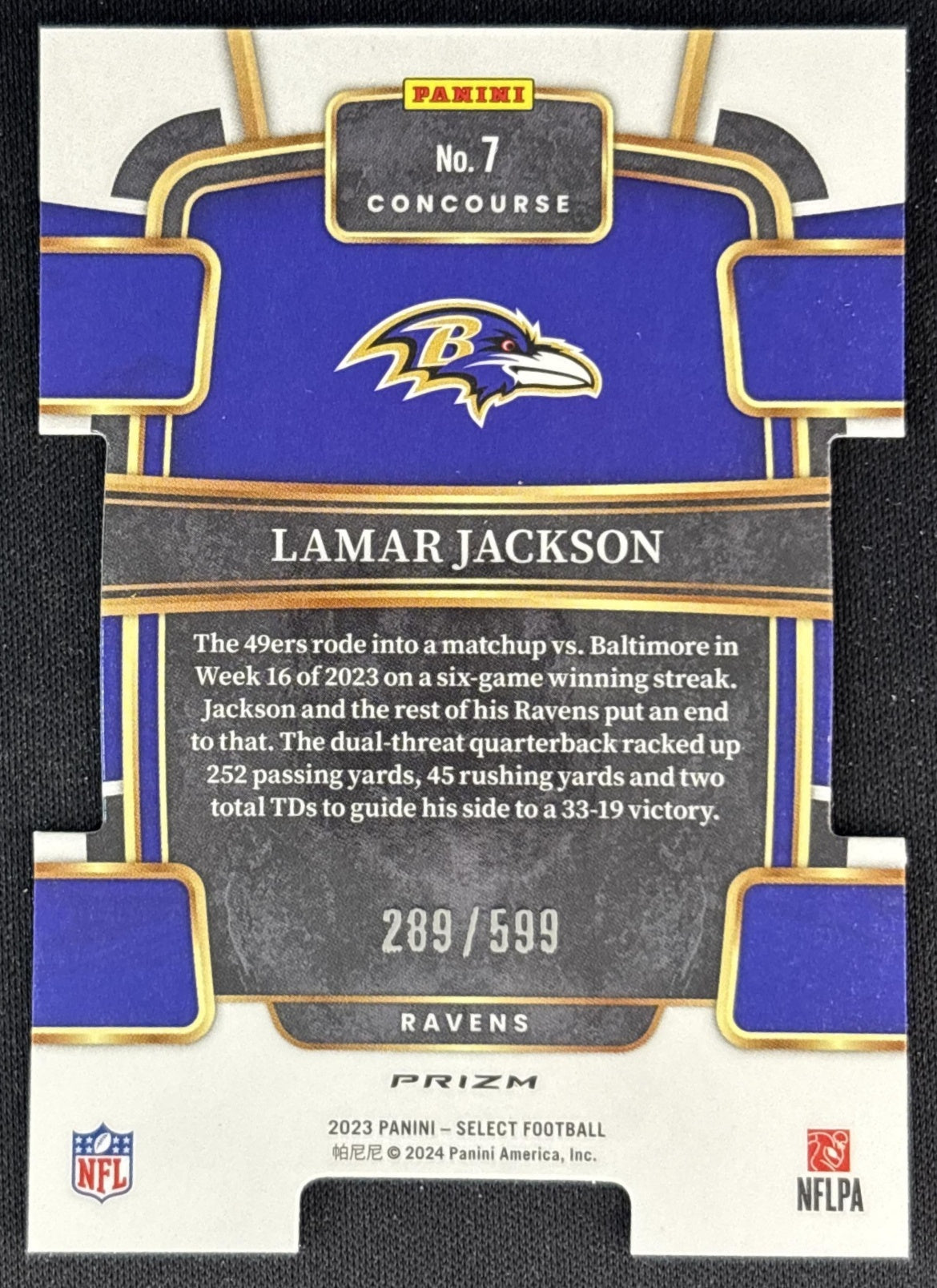 Lamar Jackson 2023 Panini Select Neon Green Prizms Die Cut /599 Ravens Back