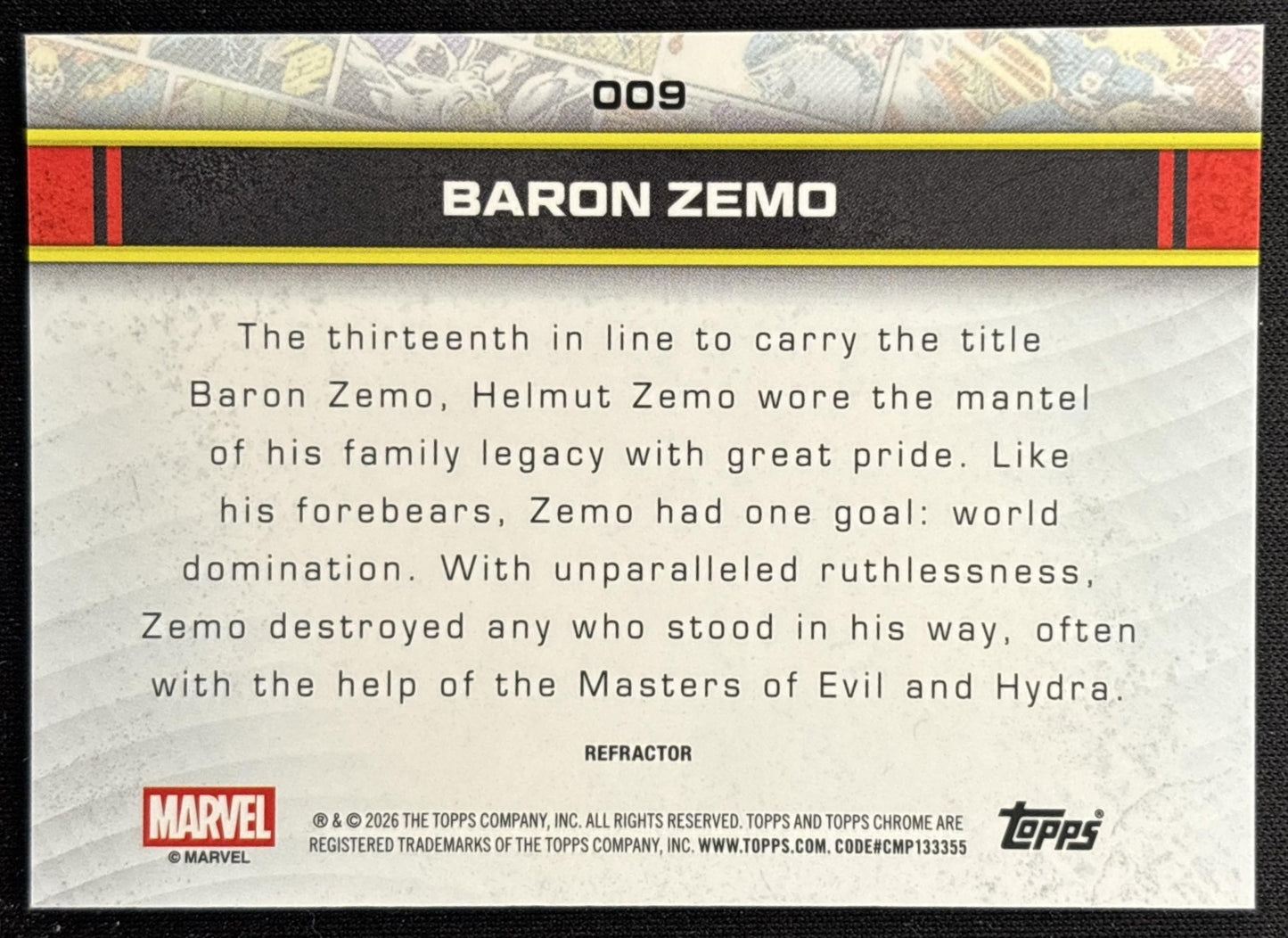 Baron Zemo 2026 Topps Chrome Marvel Comics Refractor back