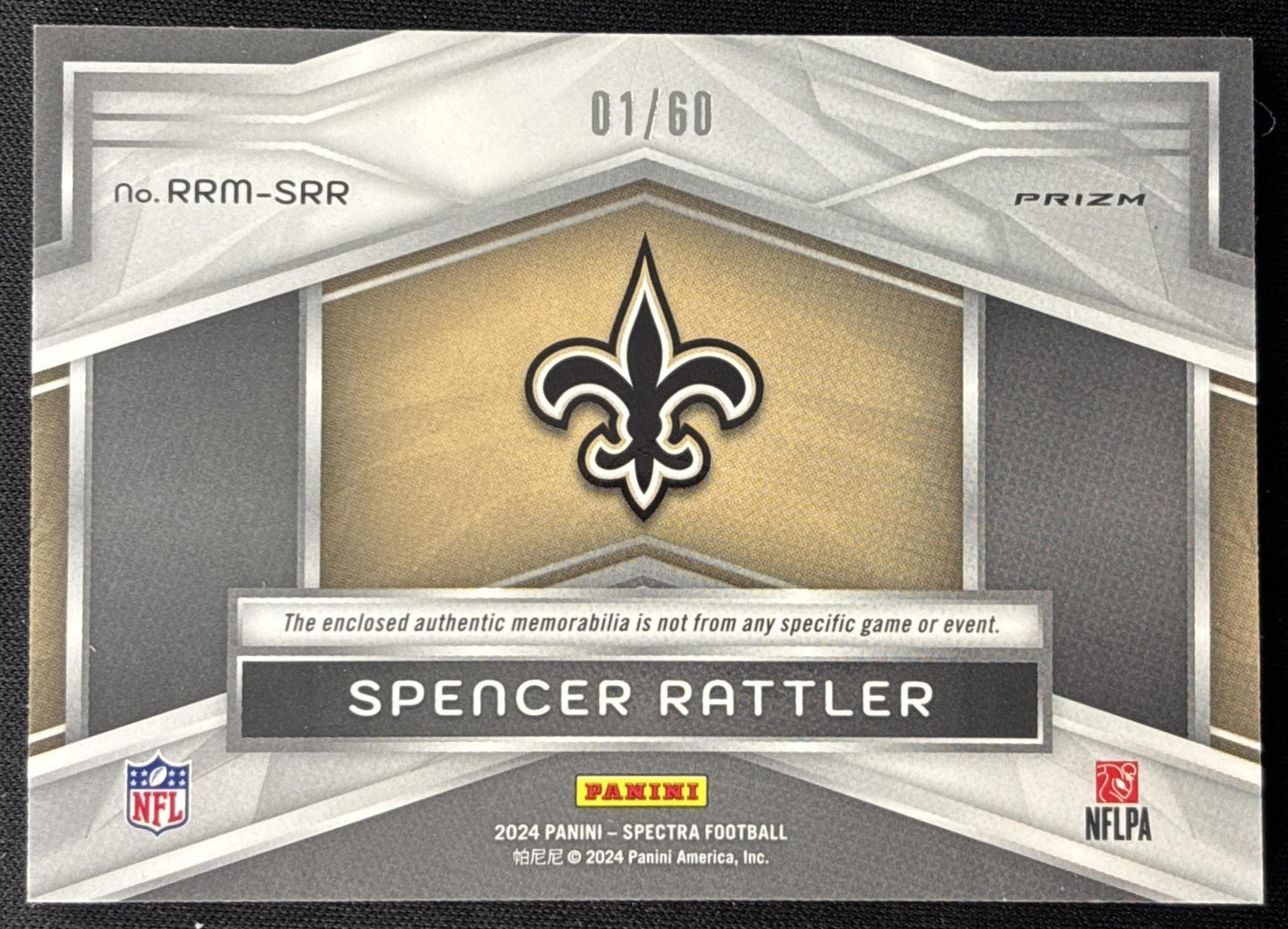 Spencer Rattler 2024 Panini Spectra Rising Rookie Materials Hyper /60 Saints Sports Trading Cards
