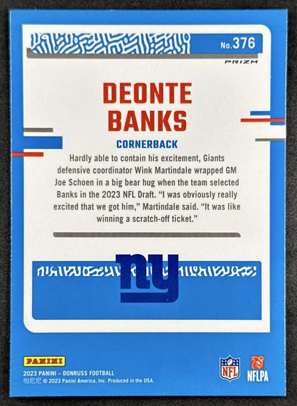 Deonte Banks 2023 Donruss Optic Rated Rookie Preview Blue Scope Prizm Giants Back