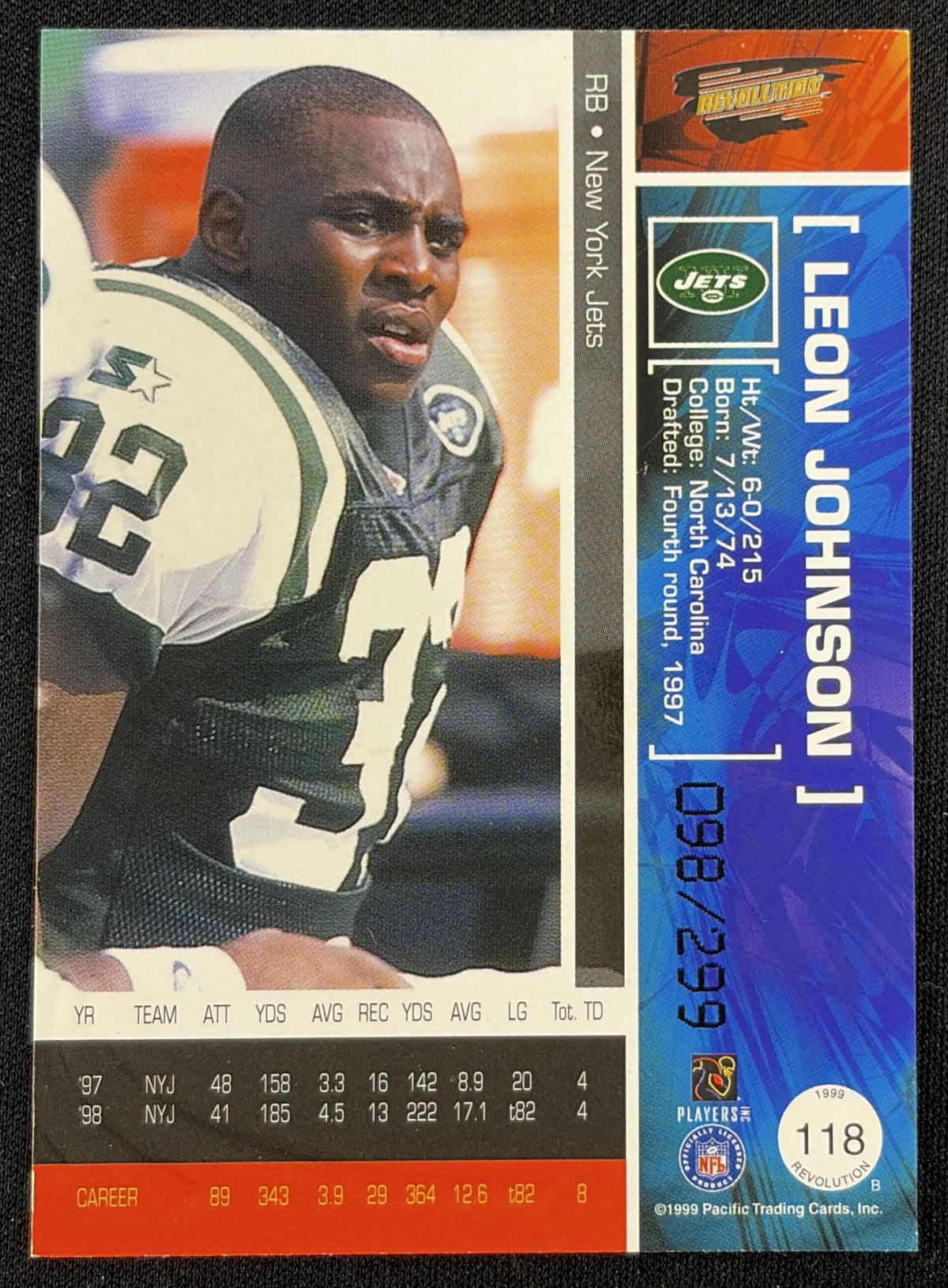 Leon Johnson 1999 Pacific Revolution Red /299 Jets Sports Trading Card