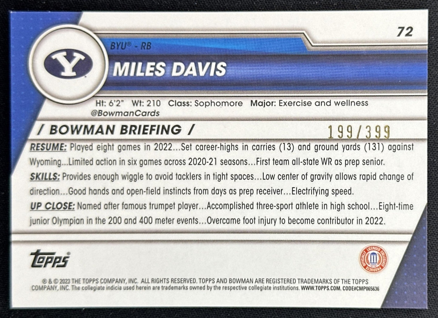 Miles Davis 2023 Bowman University Chrome Purple Mini Diamond Refractor /399 back