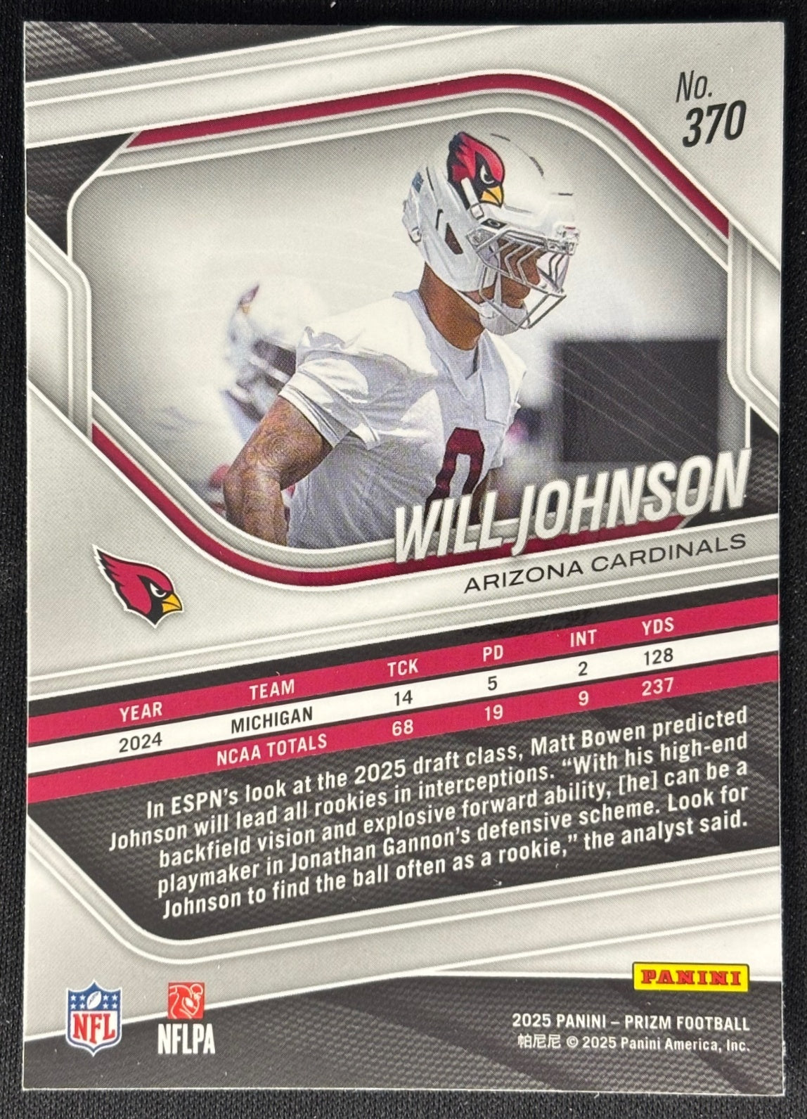 Will Johnson 2025 Prizm Cardinals Sports Trading Card