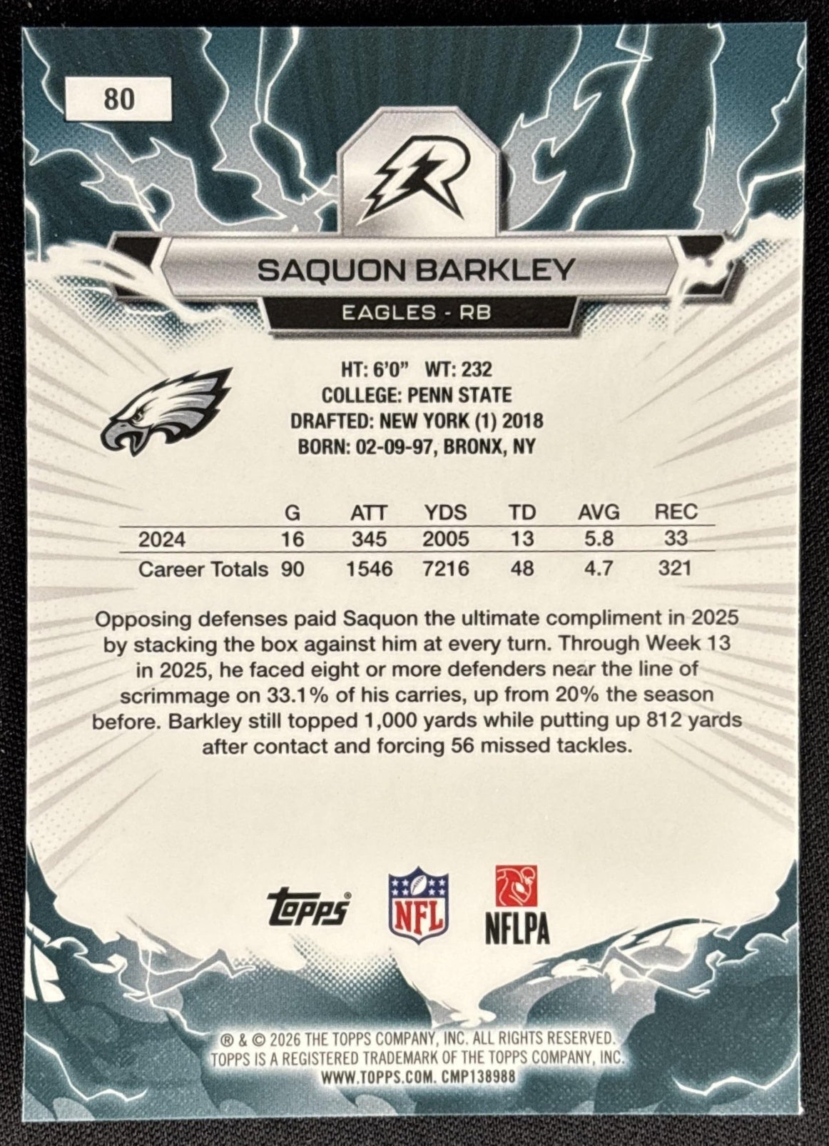 Saquon Barkley 2025 Topps Resurgence Blue and Orange Spark Refractor Eagles