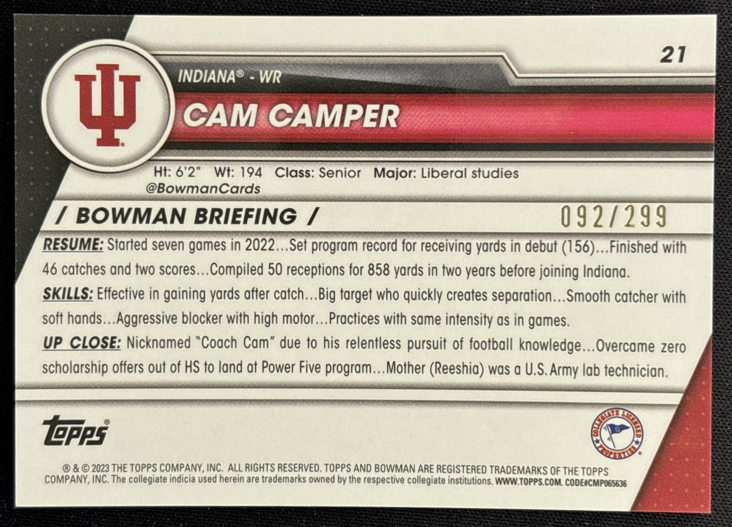 Cam Camper 2023 Bowman University Chrome Aqua Refractor /299 back