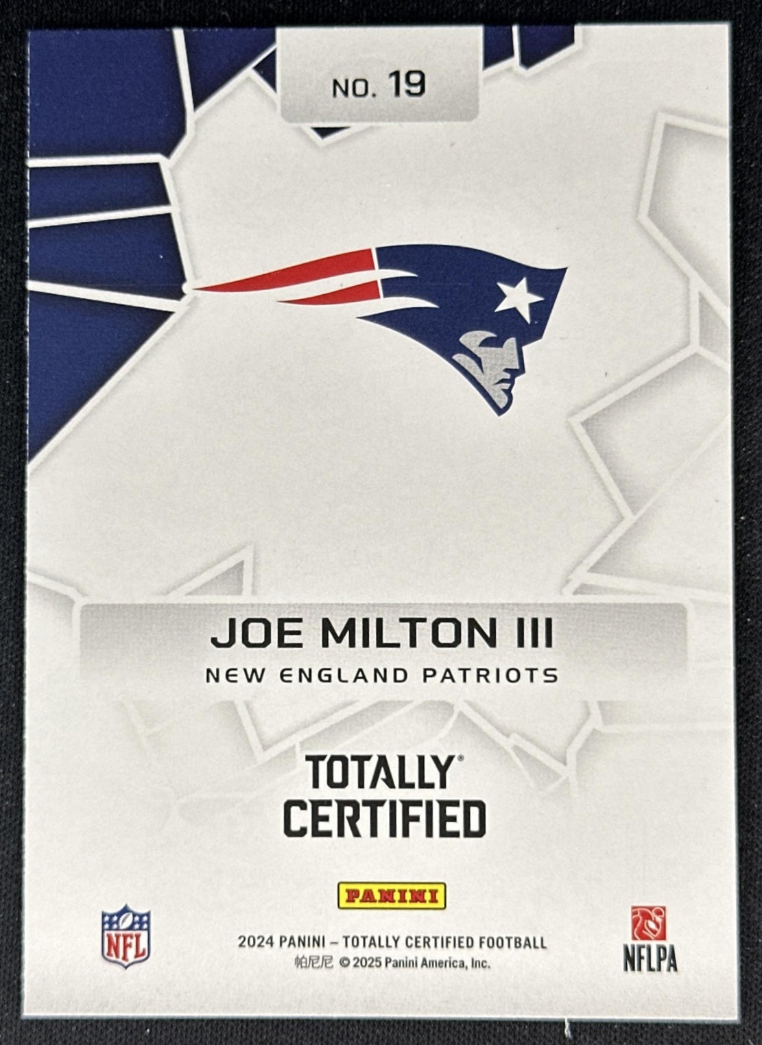Joe Milton III 2024 Panini Totally Certified Intriguing Players Mirror Patriots back