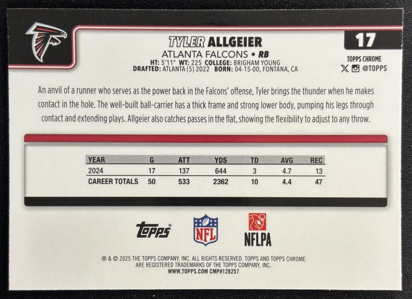 Tyler Allgeier 2025 Topps Chrome X-Fractor Falcons Sports Trading Cards