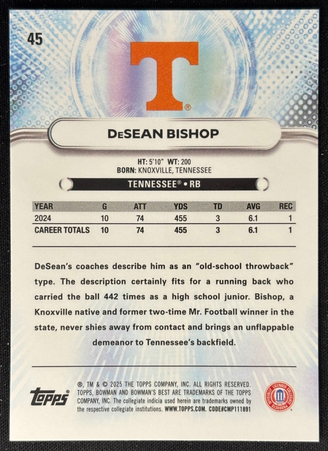 Back of DeSean Bishop 2025 Best University Blue Refractor /150 Volunteers Titans