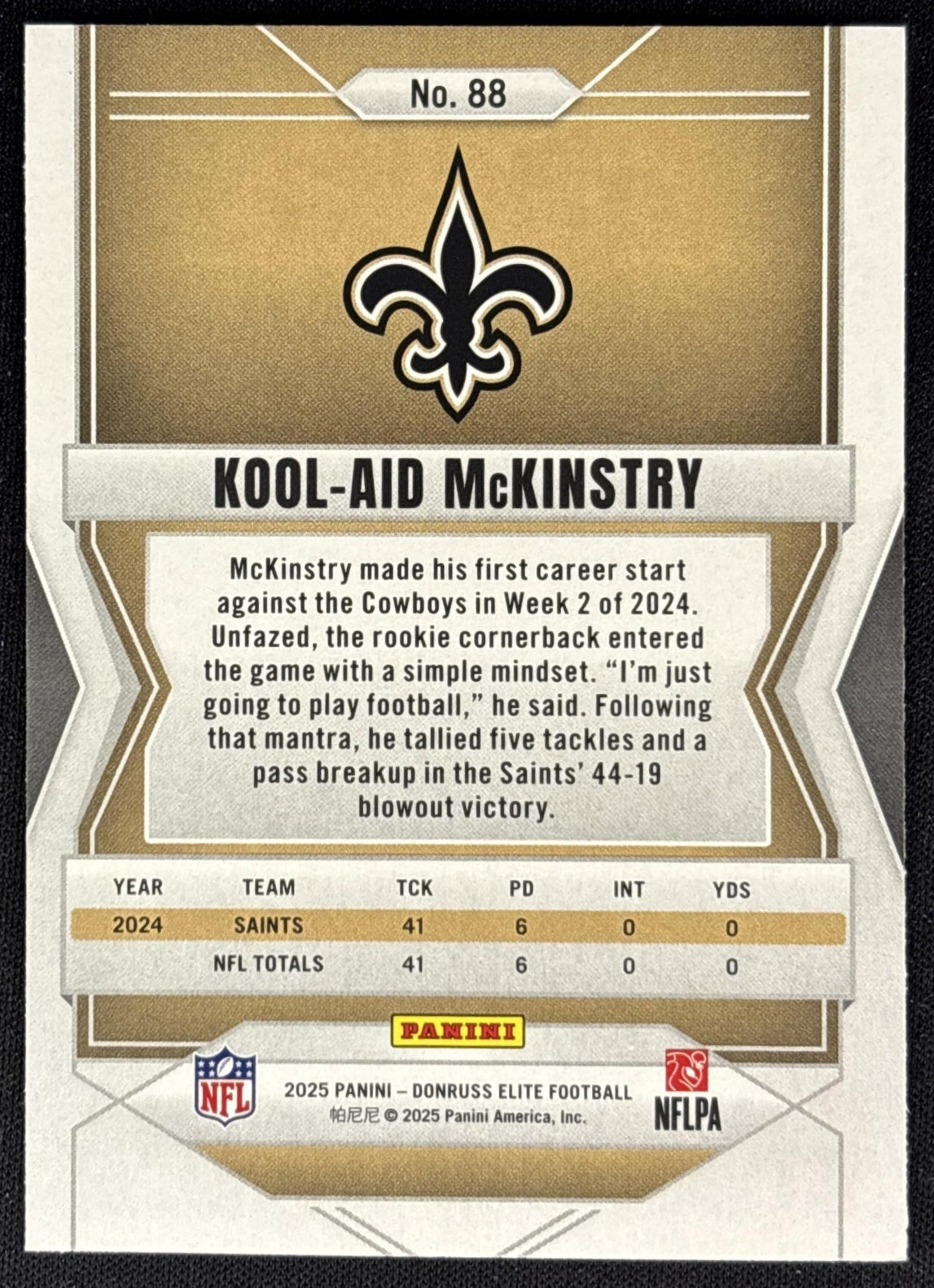 Kool-Aid McKinstry 2025 Panini Donruss Elite Green Disco Saints - Back
