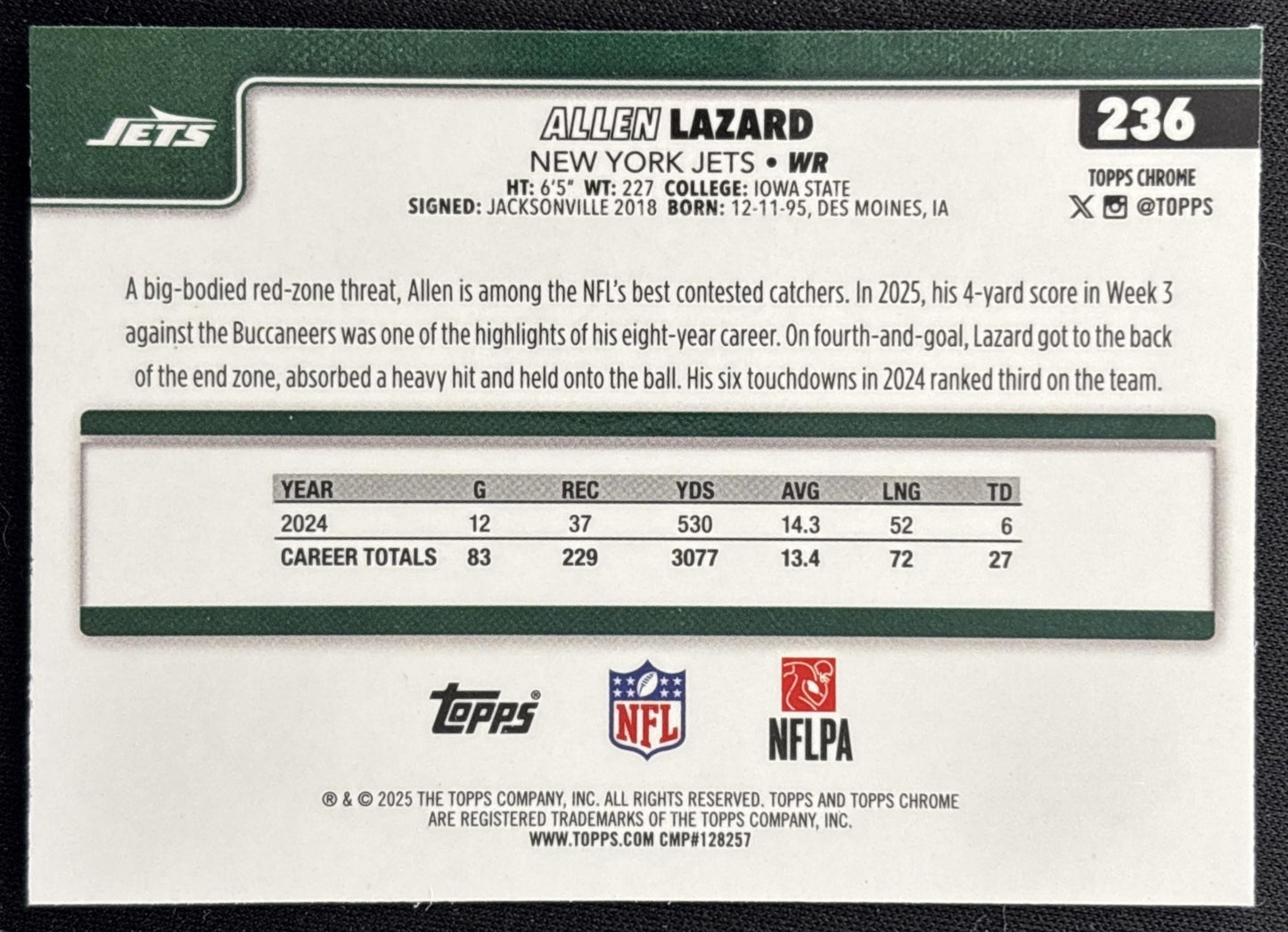 Allen Lazard 2025 Topps Chrome RayWave Refractor Jets back