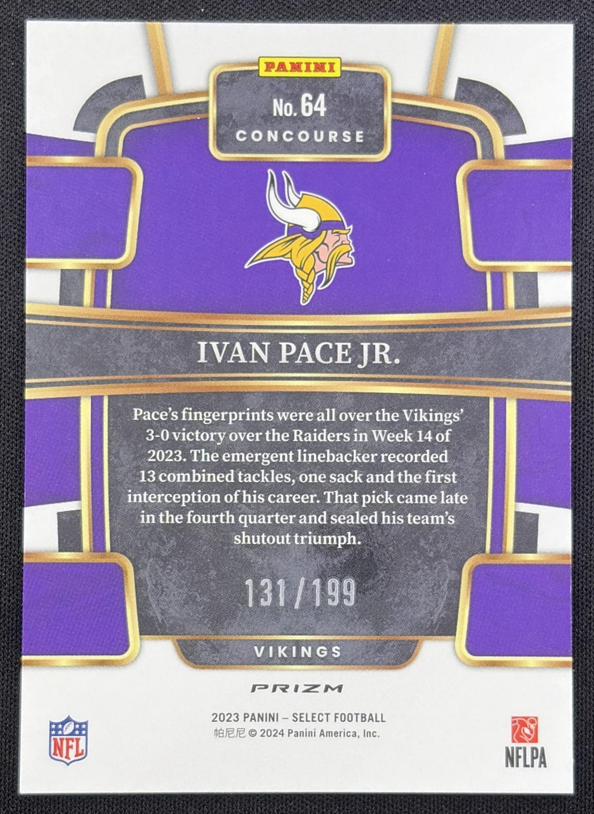 Ivan Pace Jr. 2023 Panini Select Blue Prizms /199 Vikings Minnesota Vikings
