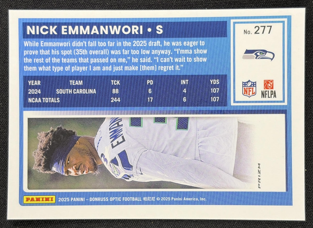 Nick Emmanwori 2025 Panini Donruss Optic Rated Rookie Purple Shock Prizm Seahawks
