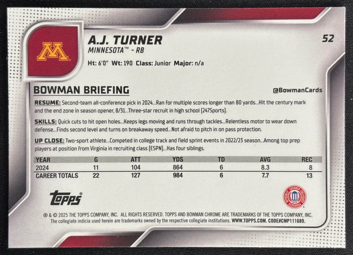 A.J. Turner 2025 Chrome University Sapphire Prospect Golden Gophers Sports Trading Card