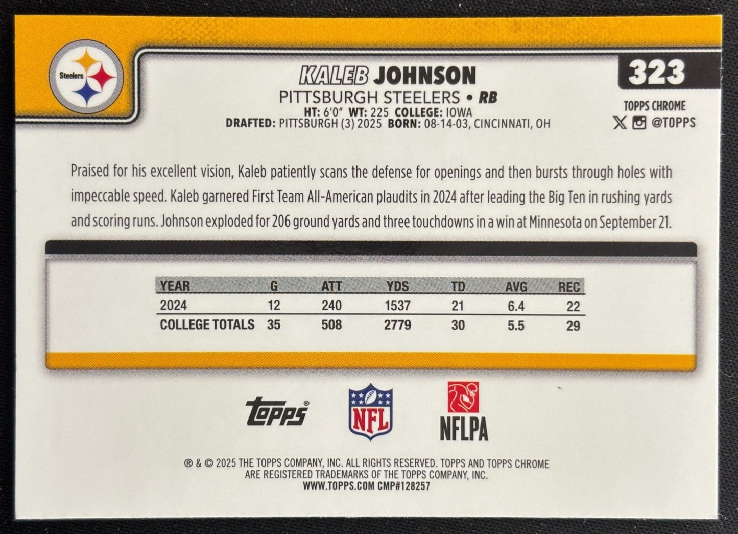 Kaleb Johnson 2025 Topps Chrome Rookie Steelers Sports Trading Cards