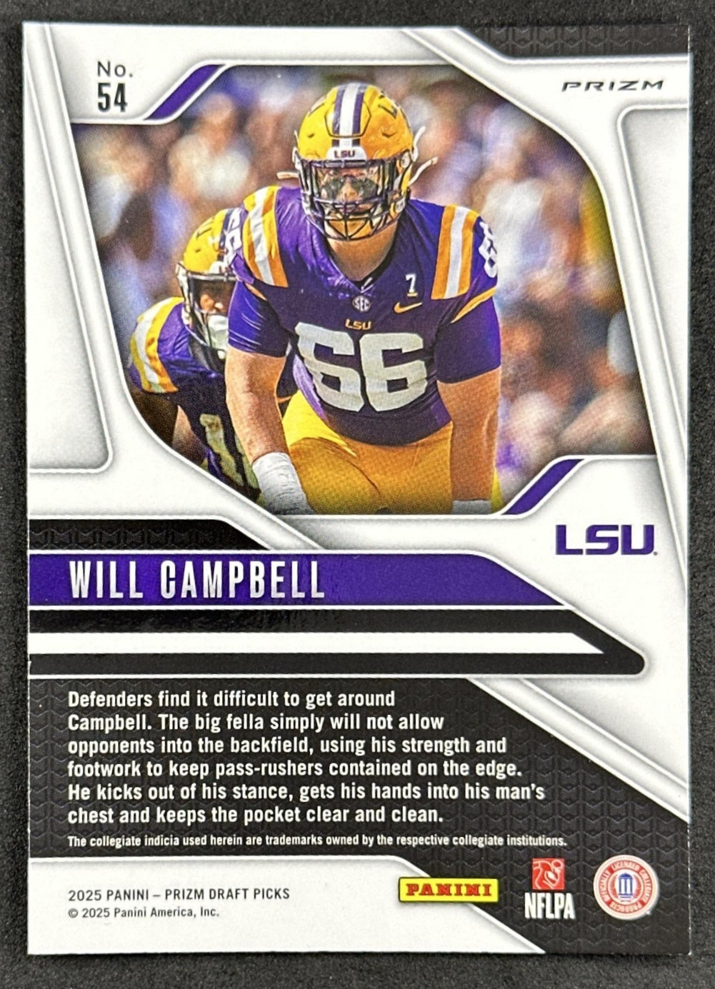 Will Campbell 2025 Panini Prizm Draft Picks Red Ice Tigers Patriots - Back