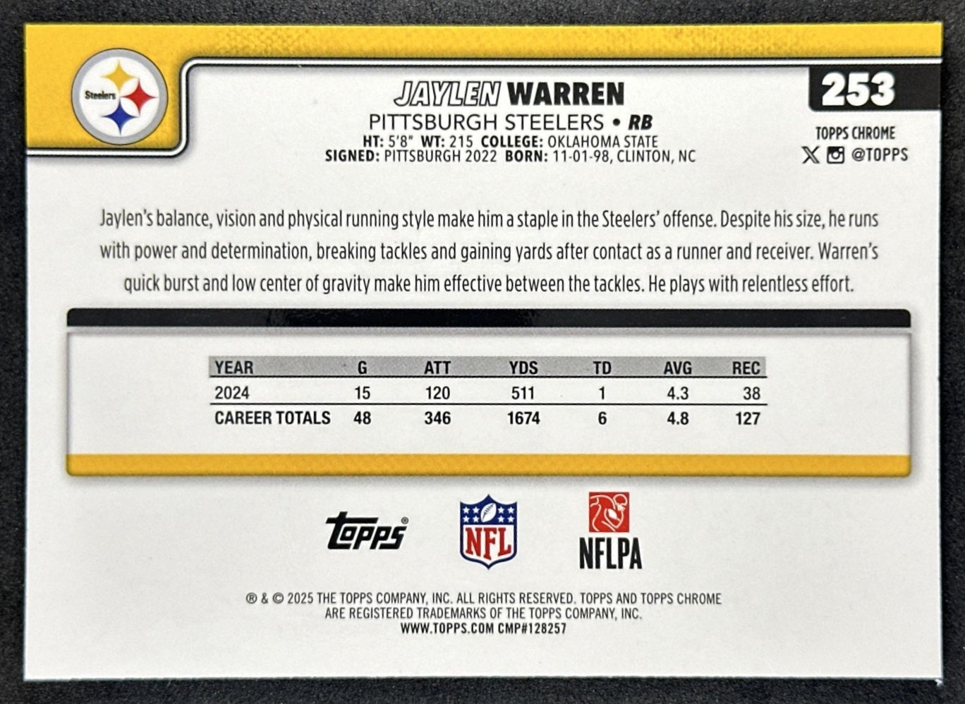 Jaylen Warren 2025 Topps Chrome Blue Refractor /150 Steelers back