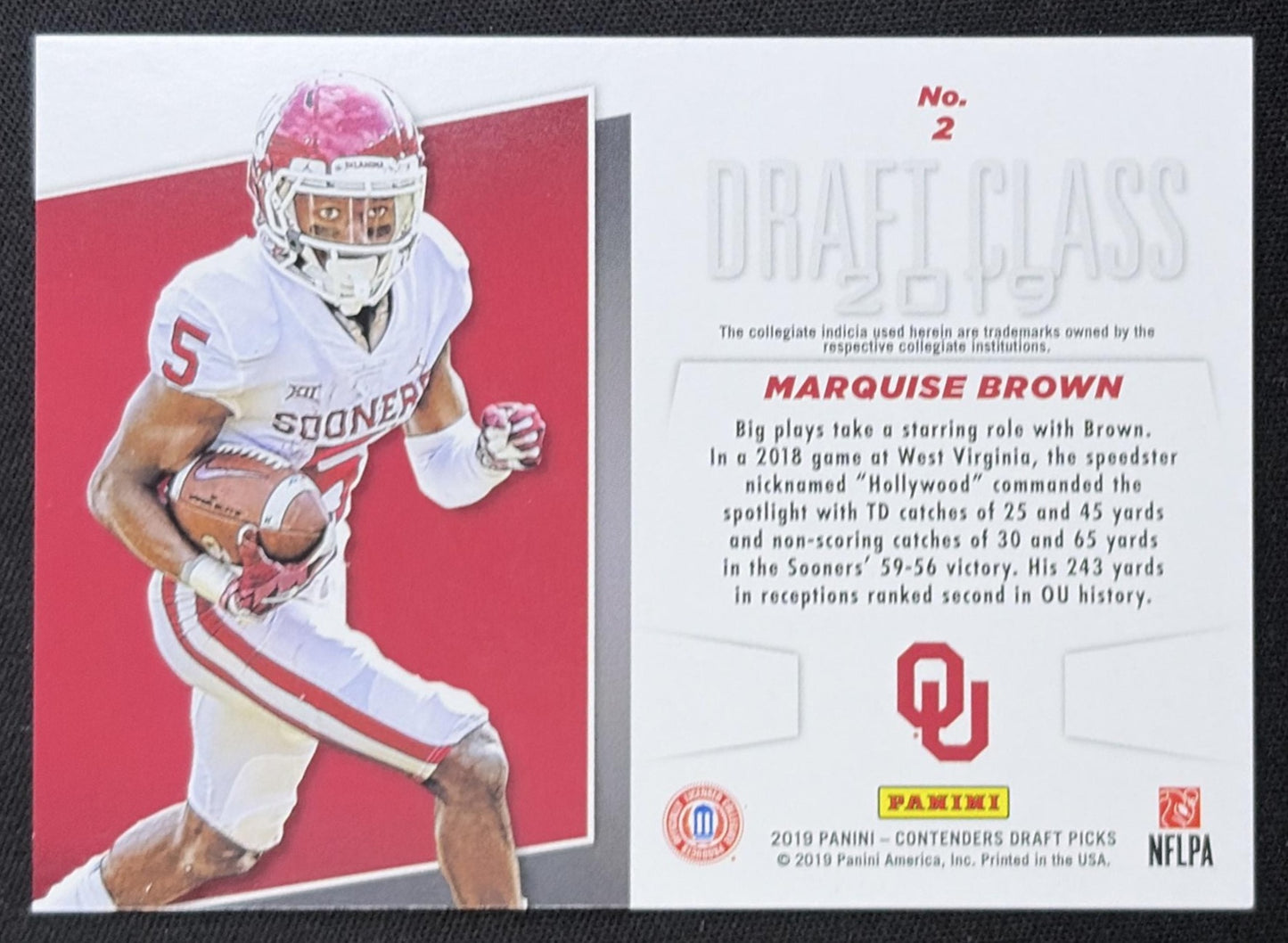Marquise Brown 2019 Panini Contenders Draft Picks Collegiate Class Fame /5 Sooners back