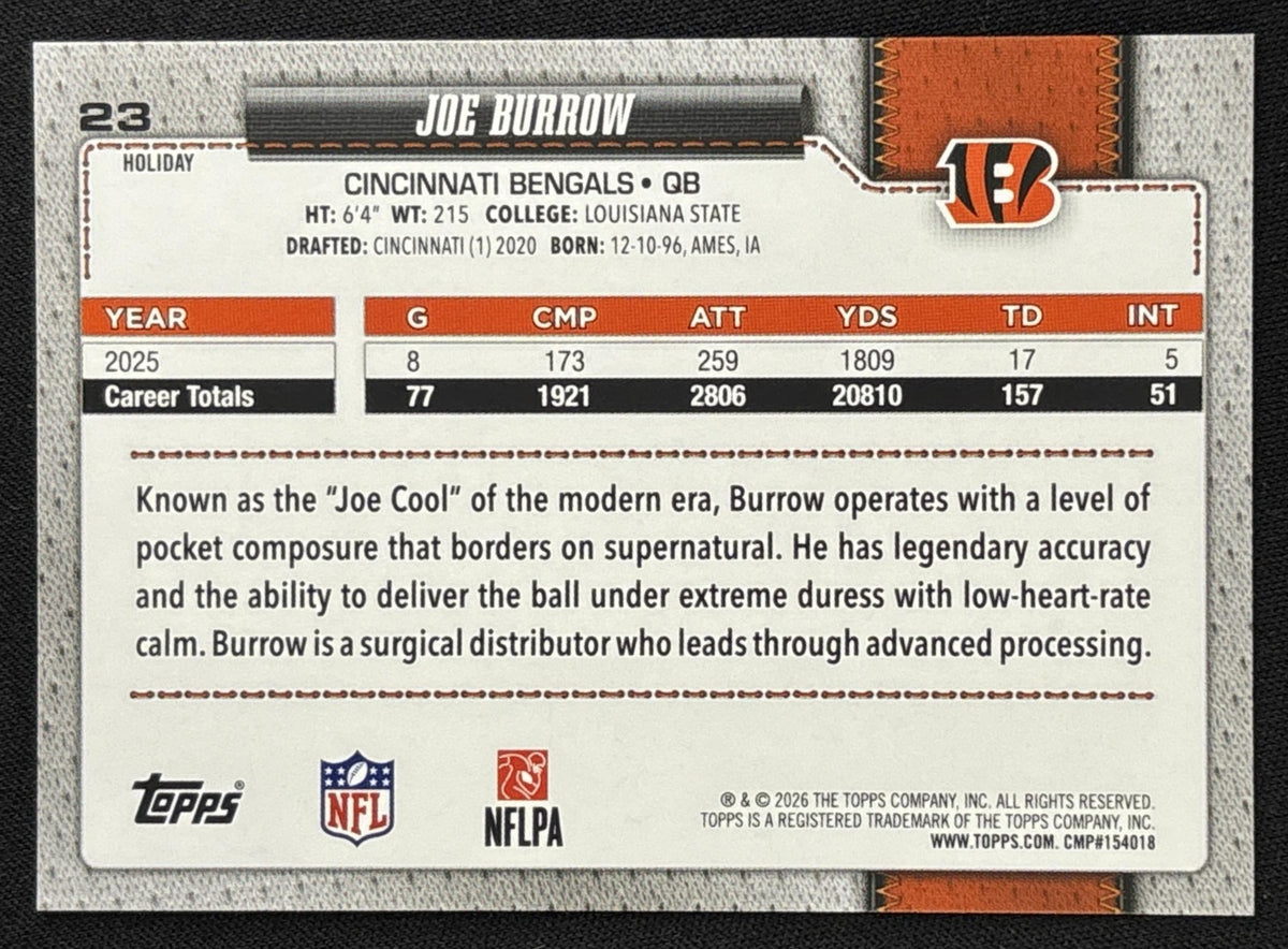Joe Burrow 2026 Topps Holiday Blue Metallic Glitter Bengals