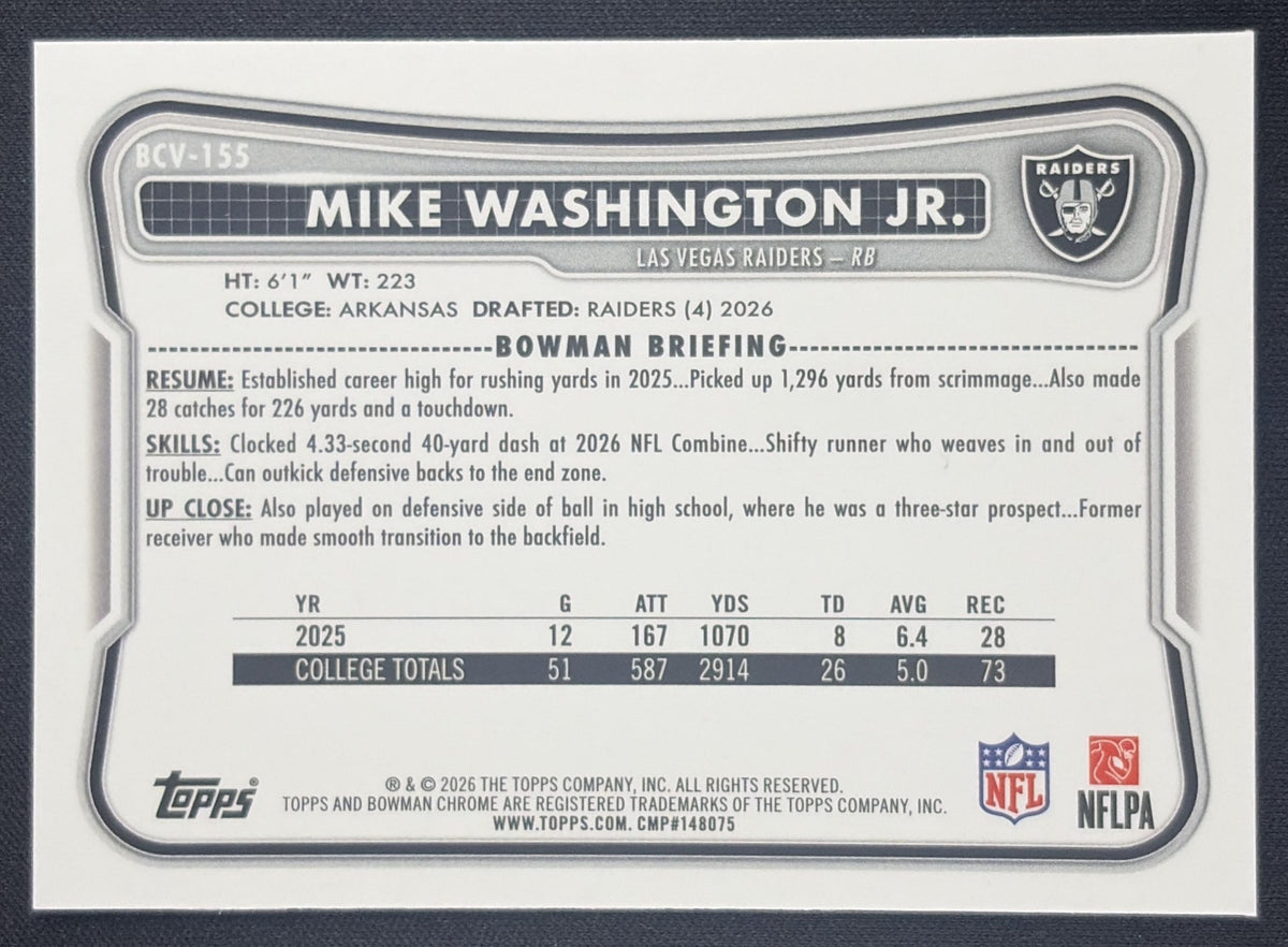 Mike Washington Jr. 2026 Bowman Chrome NFL Green Refractor /99 Raiders Sports Trading Card