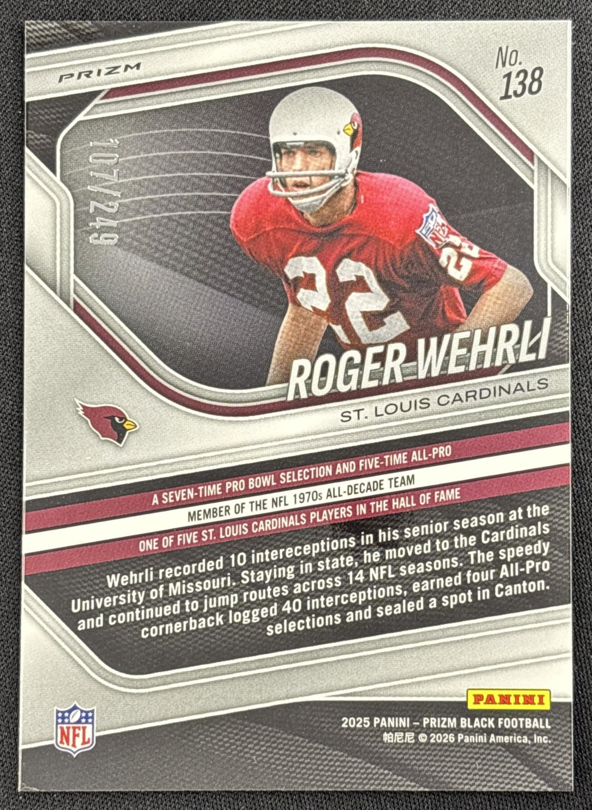 Roger Wehrli 2025 Panini Prizm Black Skewed /249