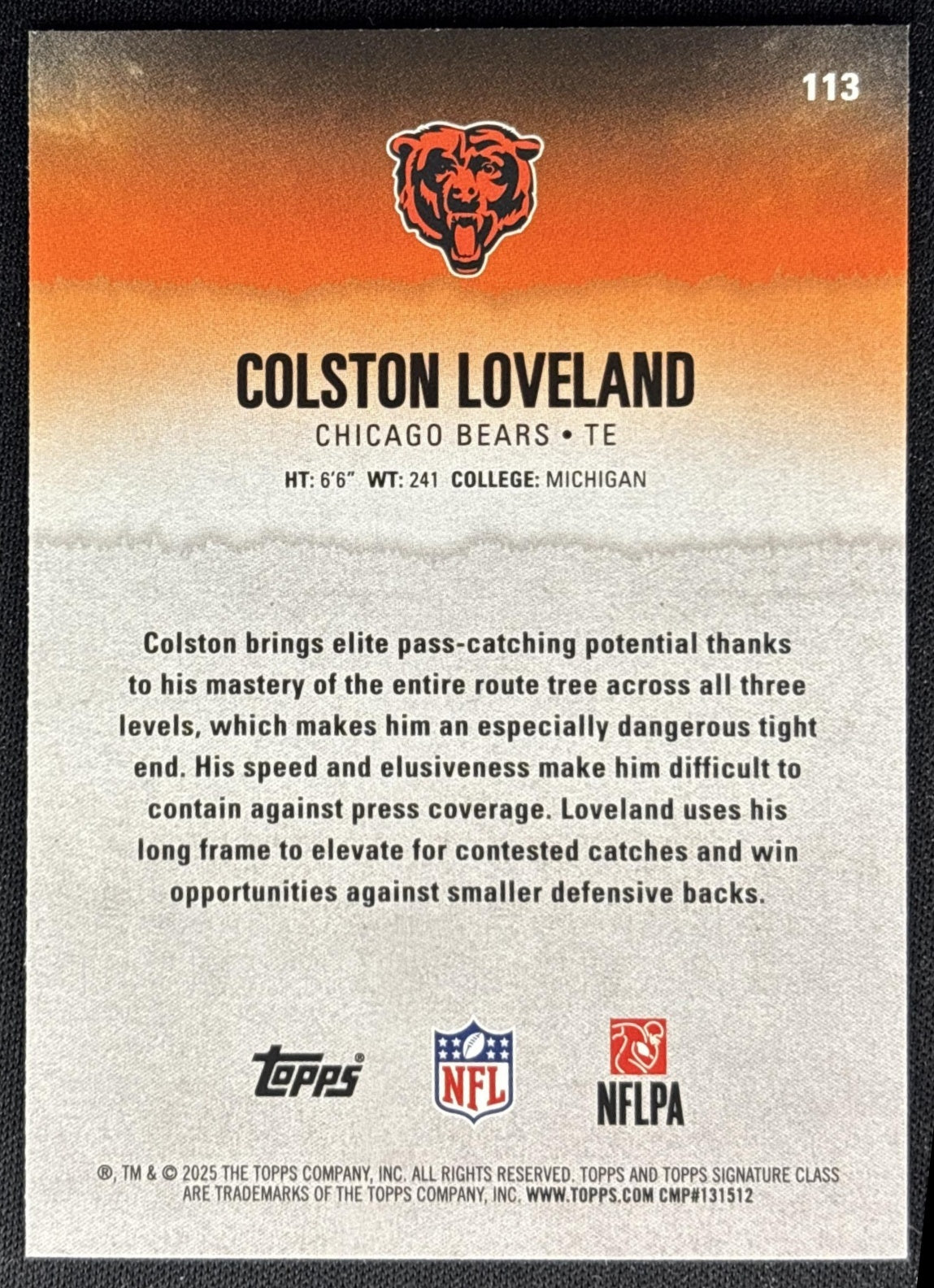 Colston Loveland 2025 Topps Signature Class Rookie Blue & Yellow Foil Bears Sports Trading Cards