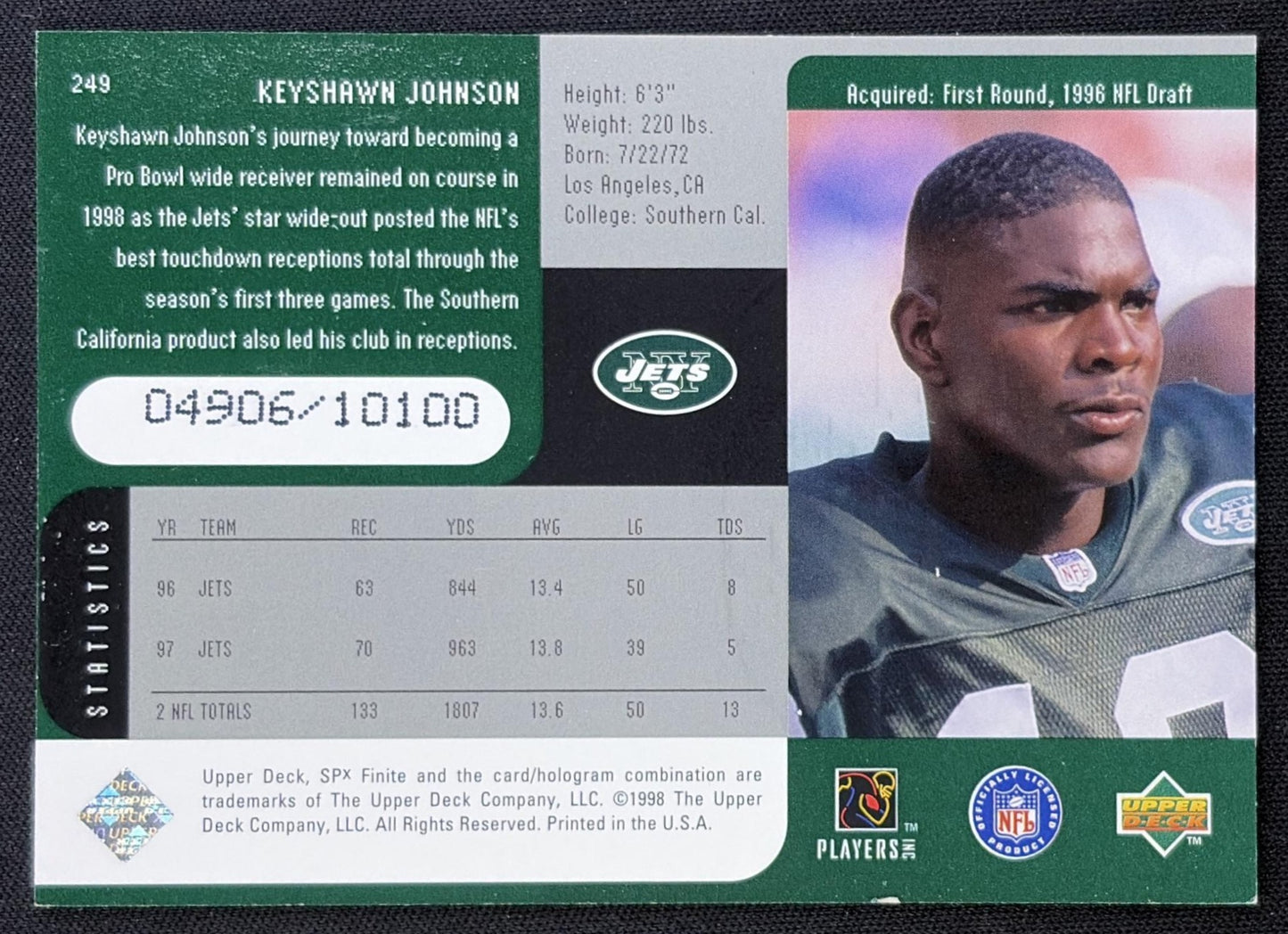 Keyshawn Johnson 1998 SPx Finite /10100 Jets