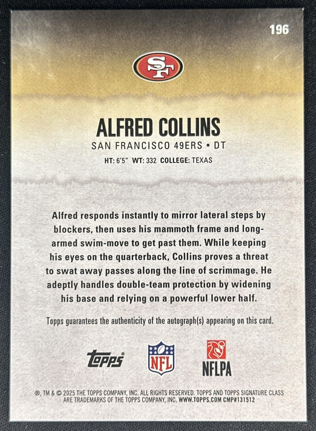 Alfred Collins 2025 Topps Signature Class Rookie Auto 49ers Sports Trading Cards
