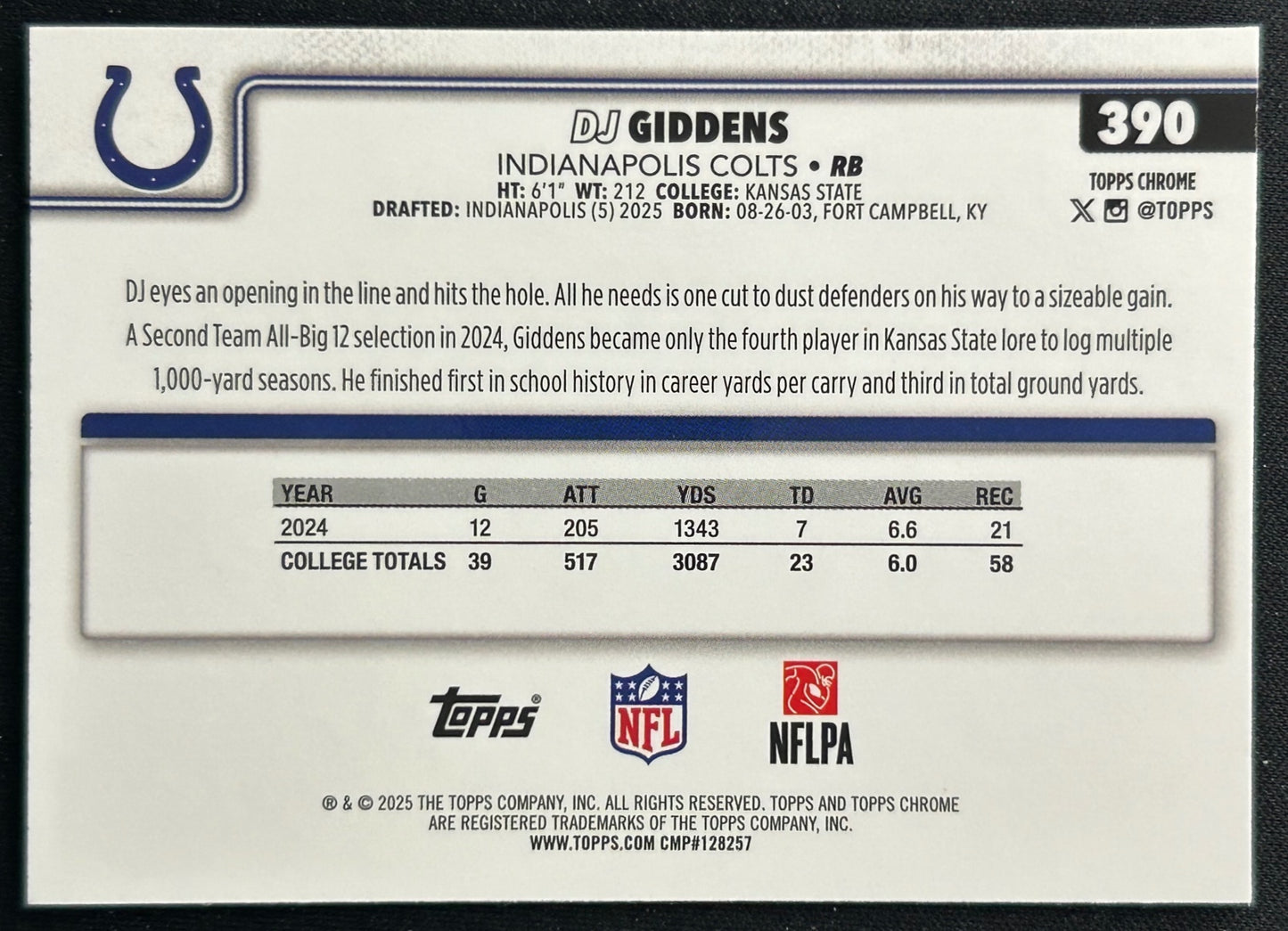 DJ Giddens 2025 Topps Chrome Rookie Colts Sports Trading Cards