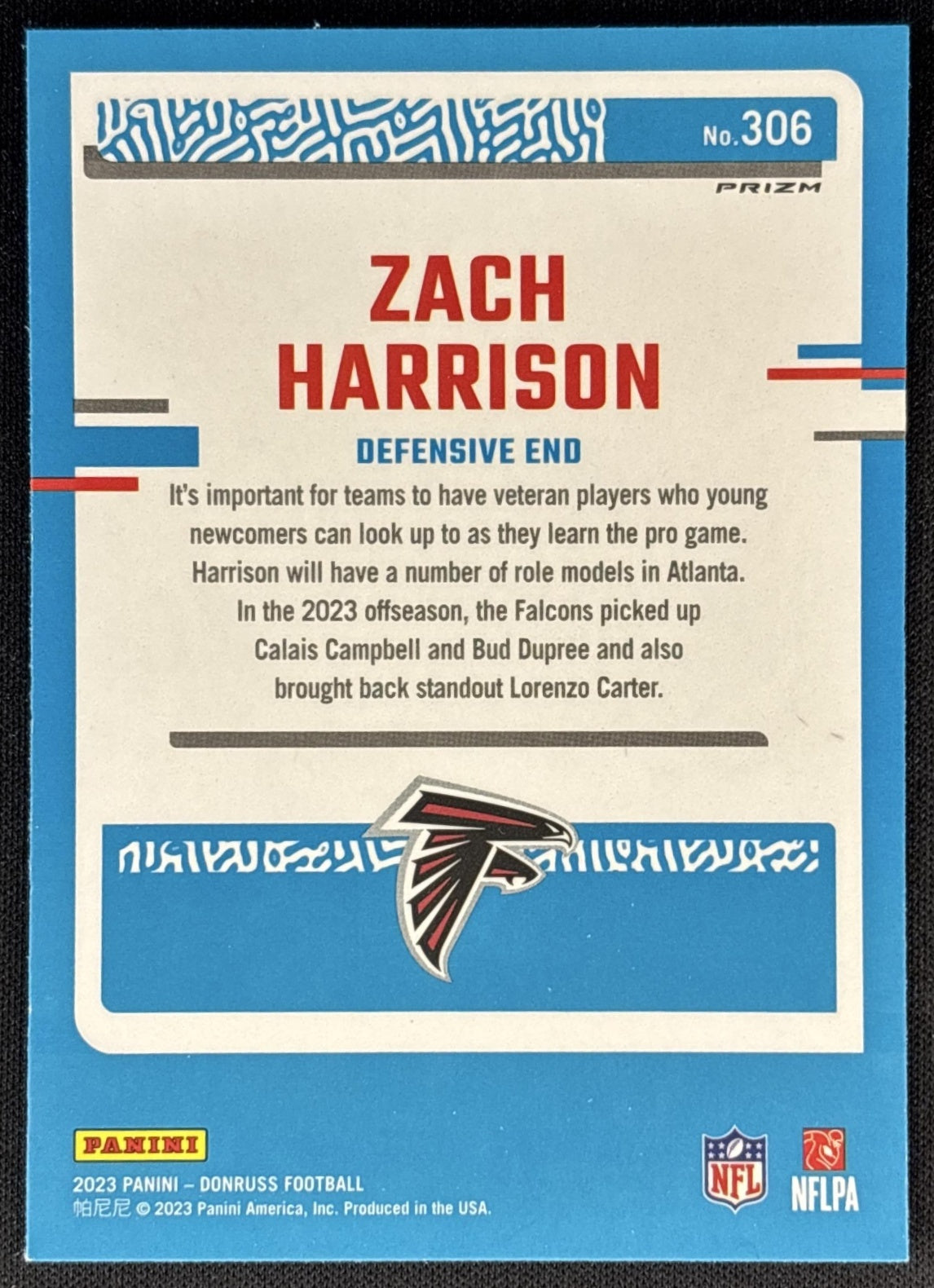 Zach Harrison 2023 Donruss Optic Rated Rookie Preview Red & Green Prizm Falcons back